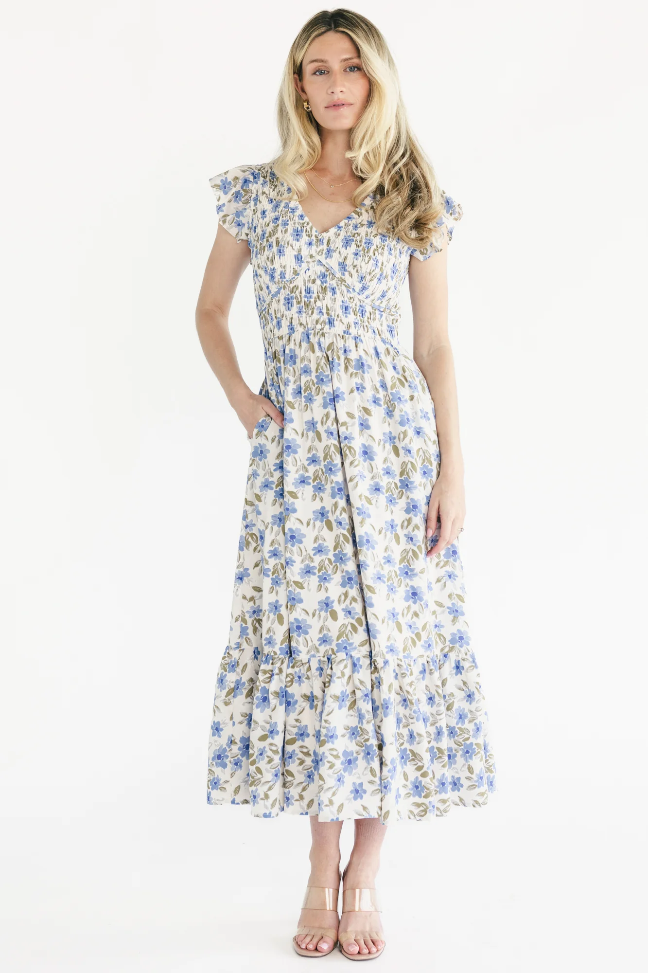 Tilly Smocked Maxi Dress, Ivory & Blue Floral 14 Tilly Smocked Maxi Dress, Ivory & Blue Floral