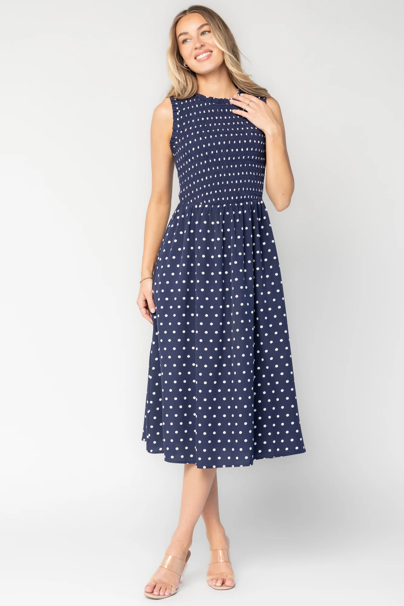 Alex Smocked Midi Dress, Navy Dot Print
