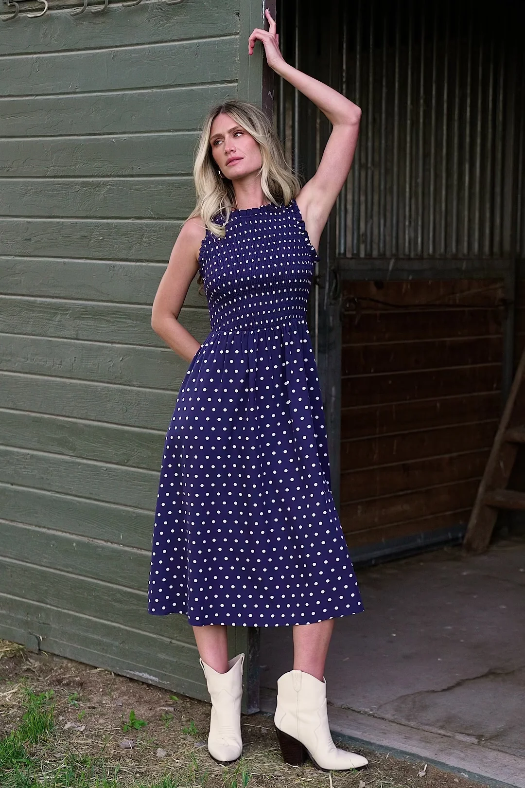 Alex Smocked Midi Dress, Navy Dot Print