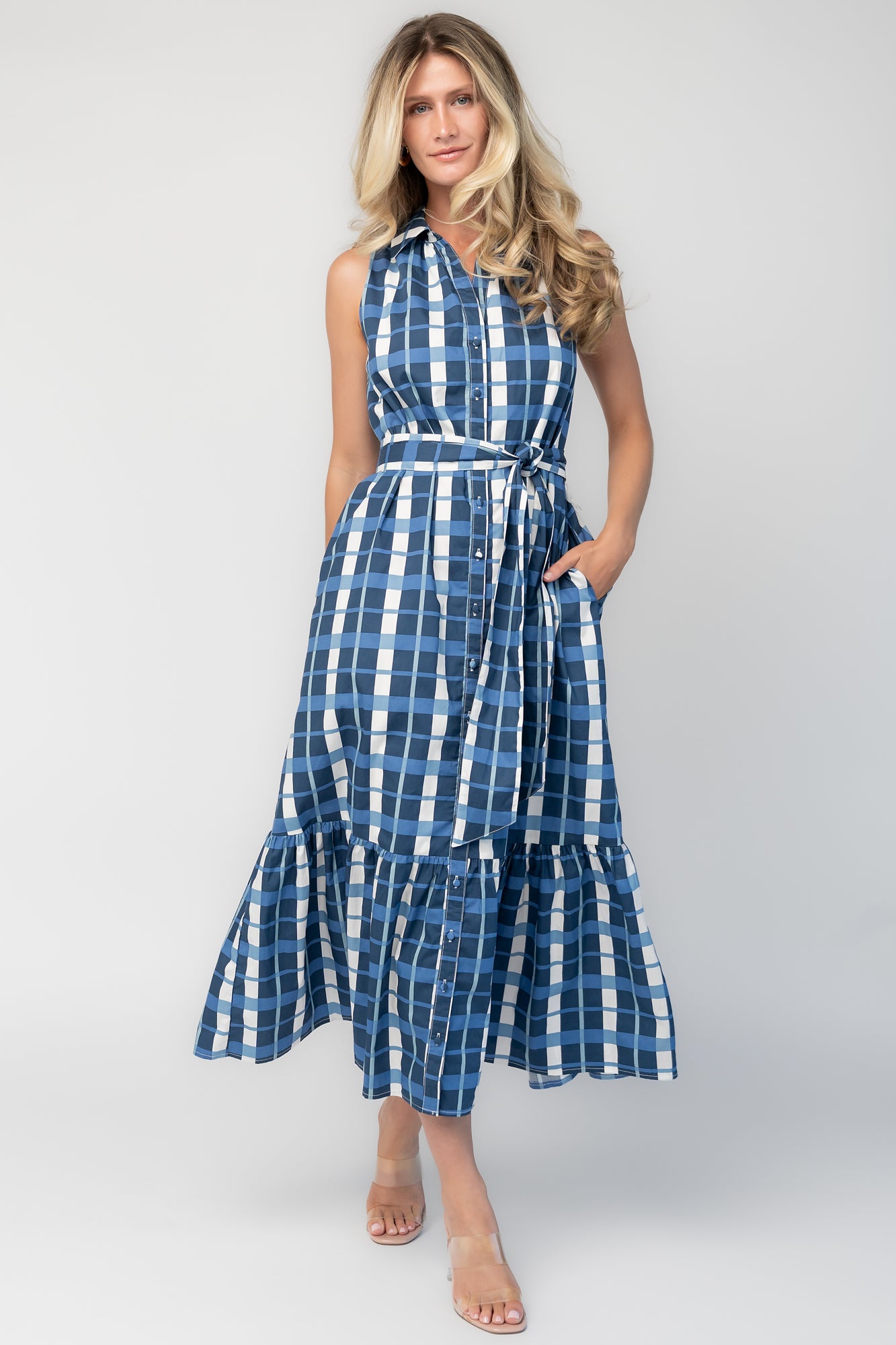 Brooke Button-Down Maxi Dress, Blue & White