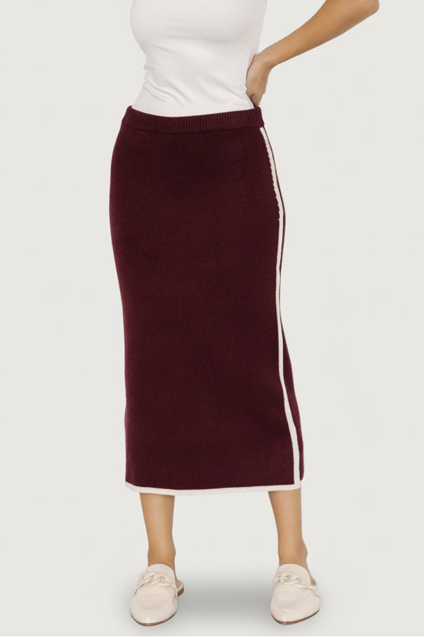 Ava Knit Midi Skirt in Wine - Mid-Rise Knit