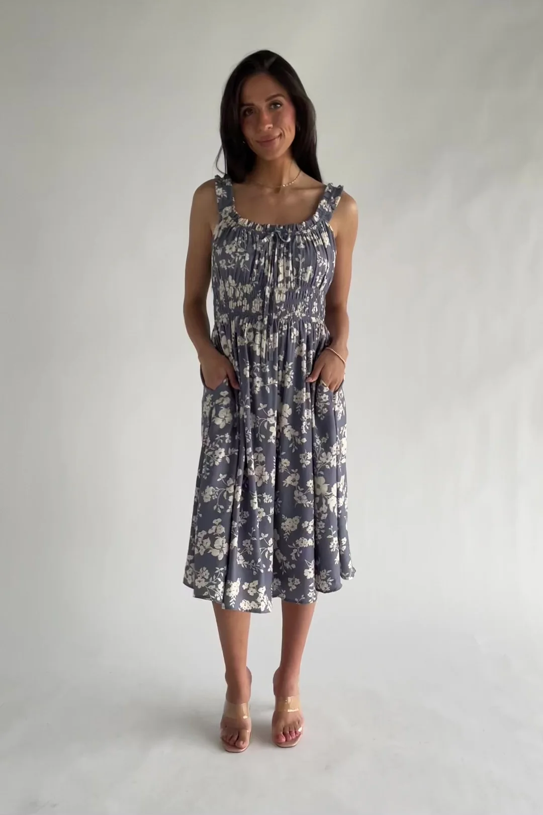 Betty Midi Dress — Slate Floral, Sizes XS–3XL