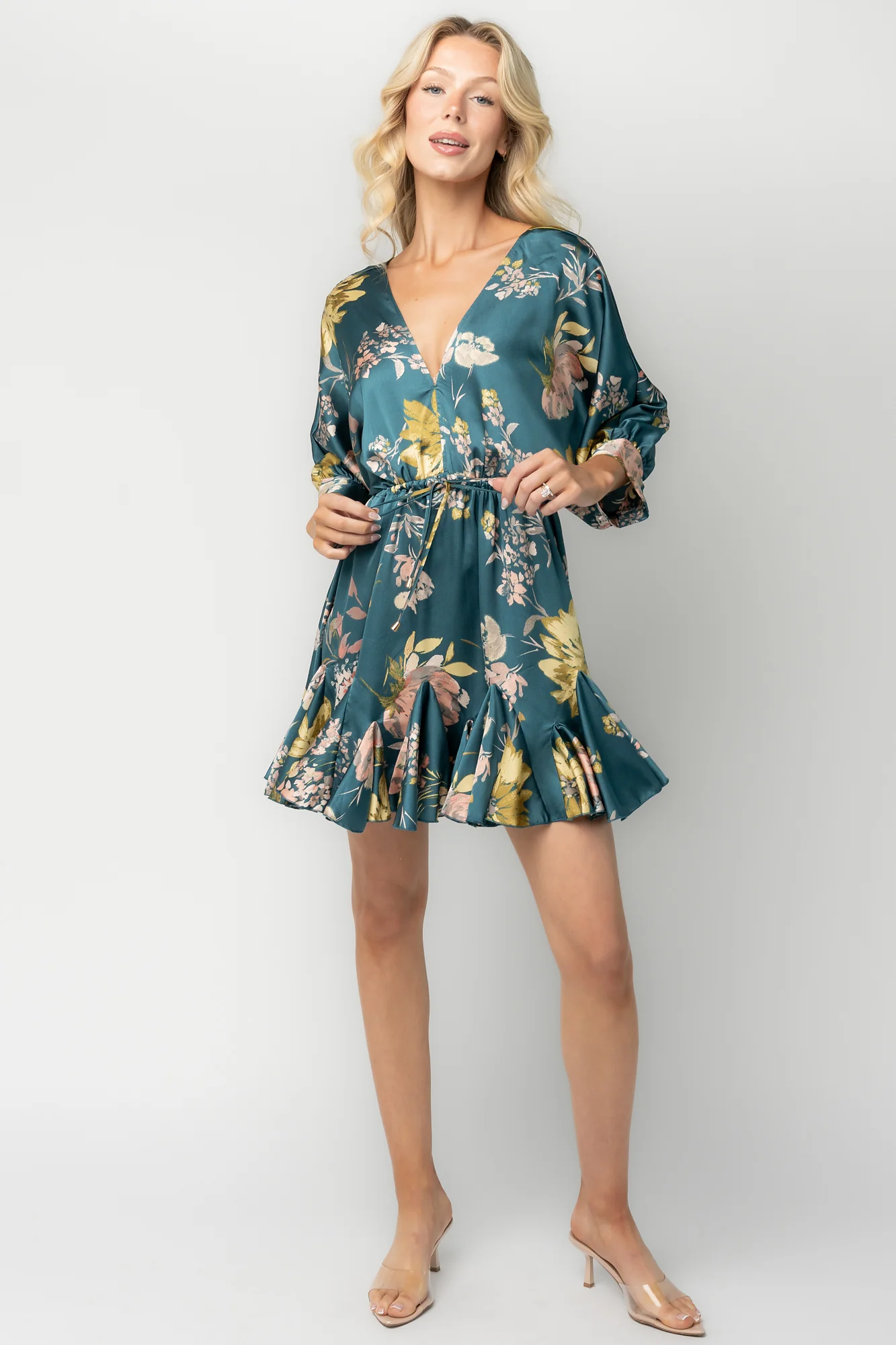 Desiree Satin Short Dress - Teal Floral 1 Desiree Satin Short Dress - Teal Floral