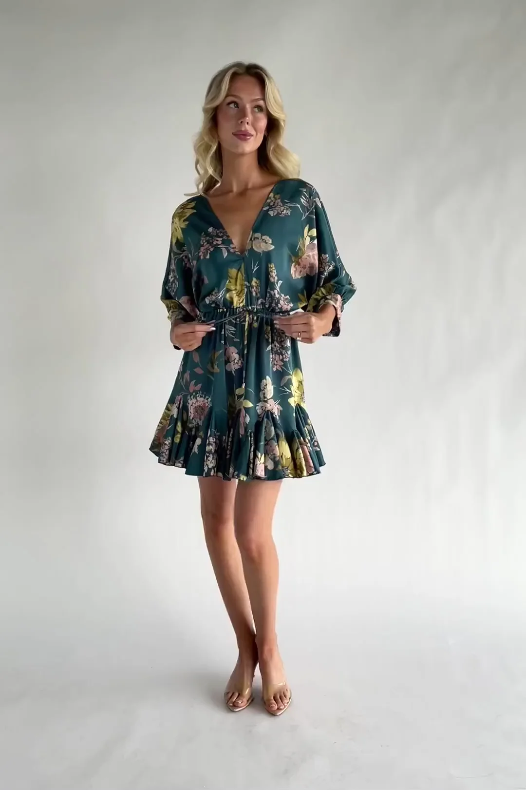 Desiree Satin Short Dress - Teal Floral 2 Desiree Satin Short Dress - Teal Floral
