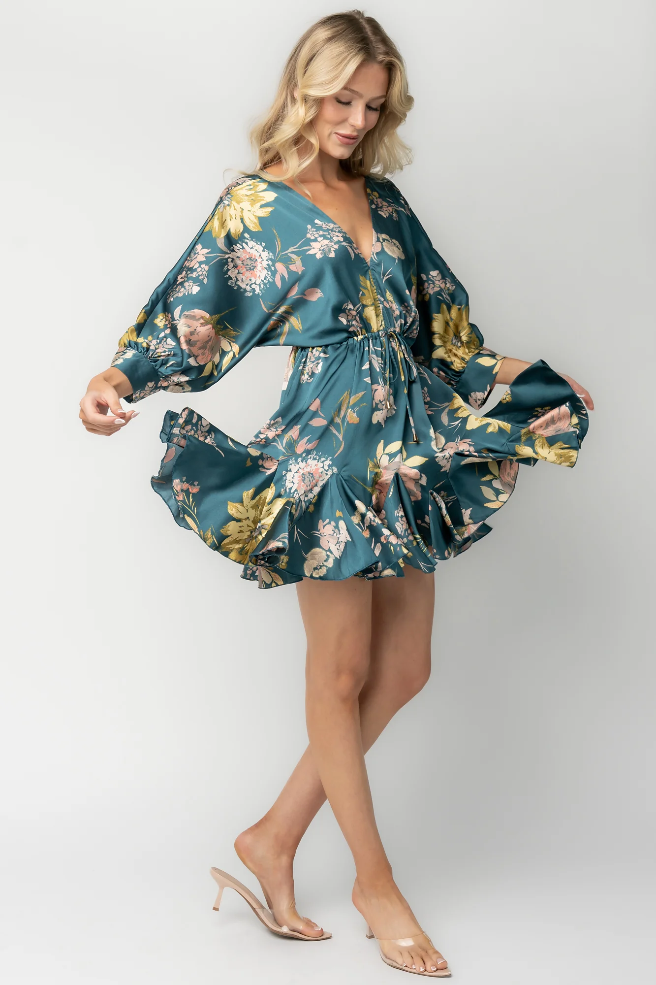 Desiree Satin Short Dress - Teal Floral 4 Desiree Satin Short Dress - Teal Floral