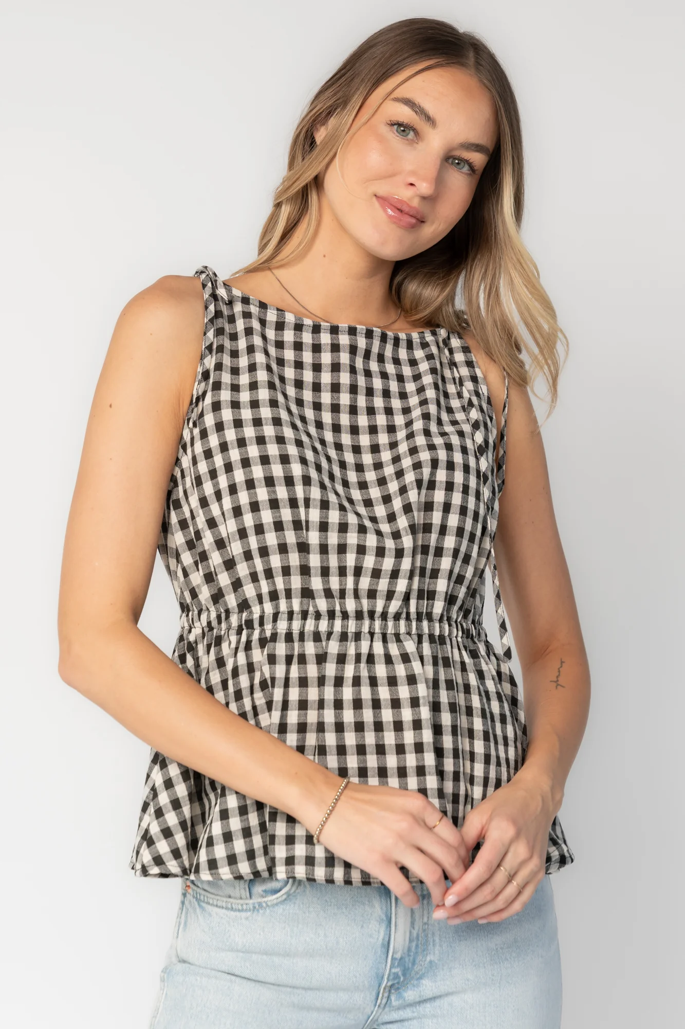 Lane Gingham Peplum Top — Black & Off-White 14 Lane Gingham Peplum Top — Black & Off-White