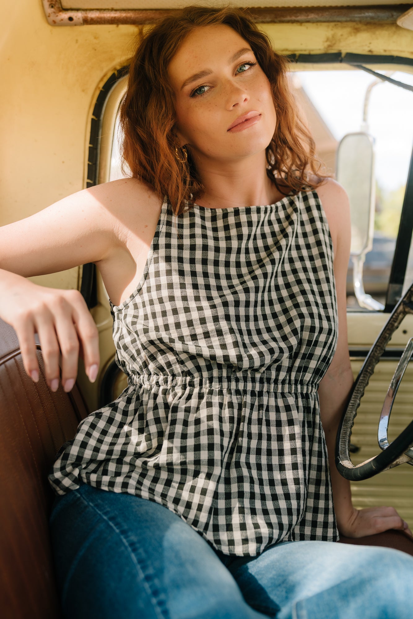 Lane Gingham Peplum Top — Black & Off-White