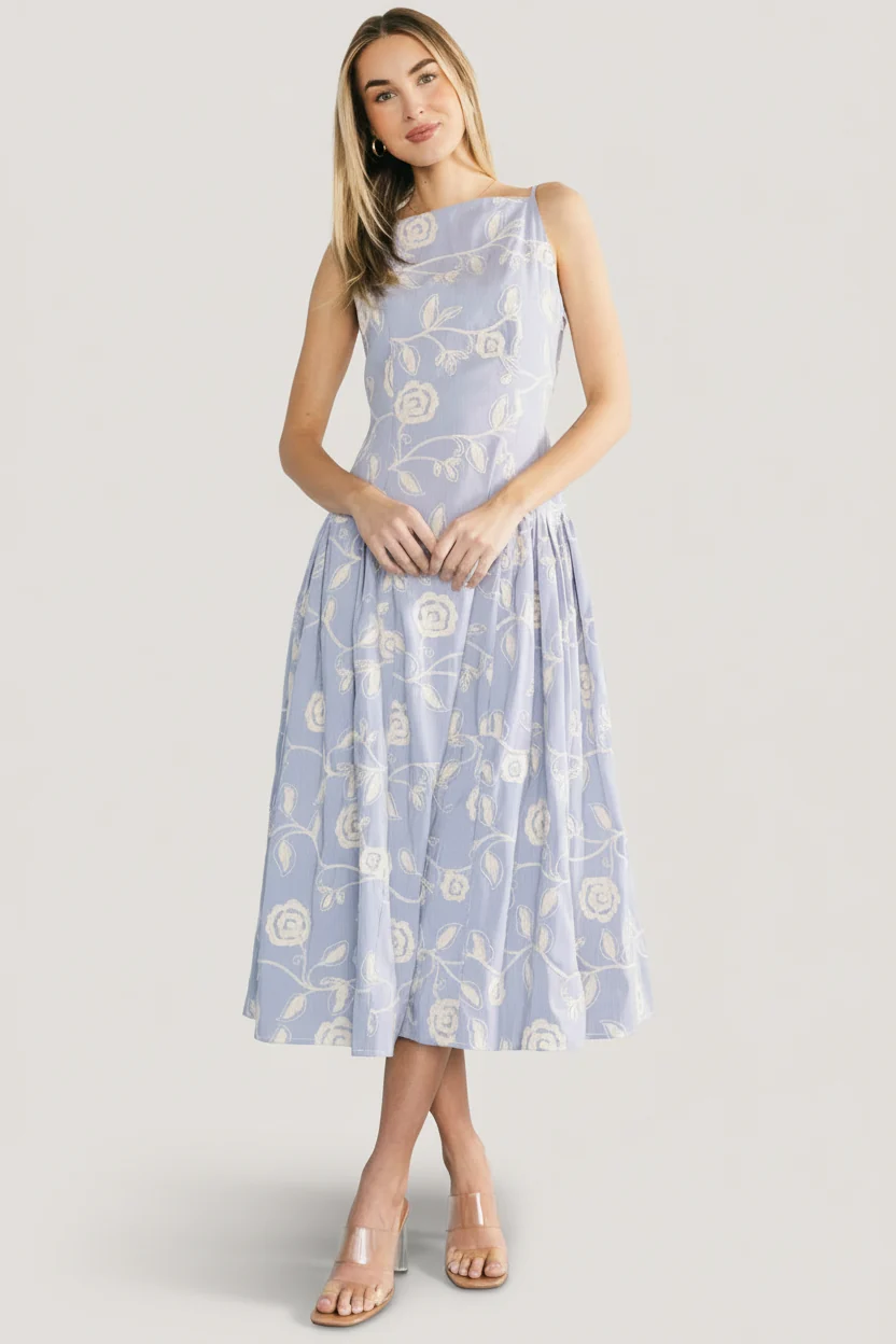 Shea Embroidered Midi Dress in Blue Stripe