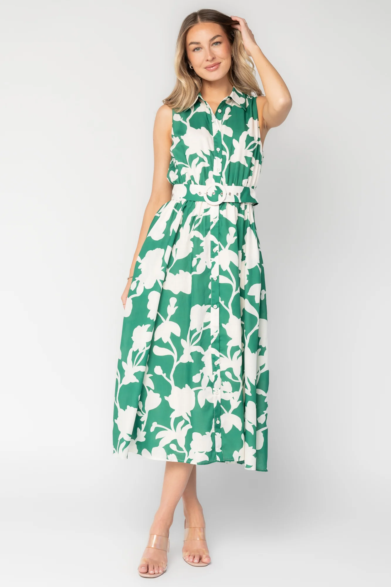 Tatum Buttondown Midi Dress, Green/Off-White
