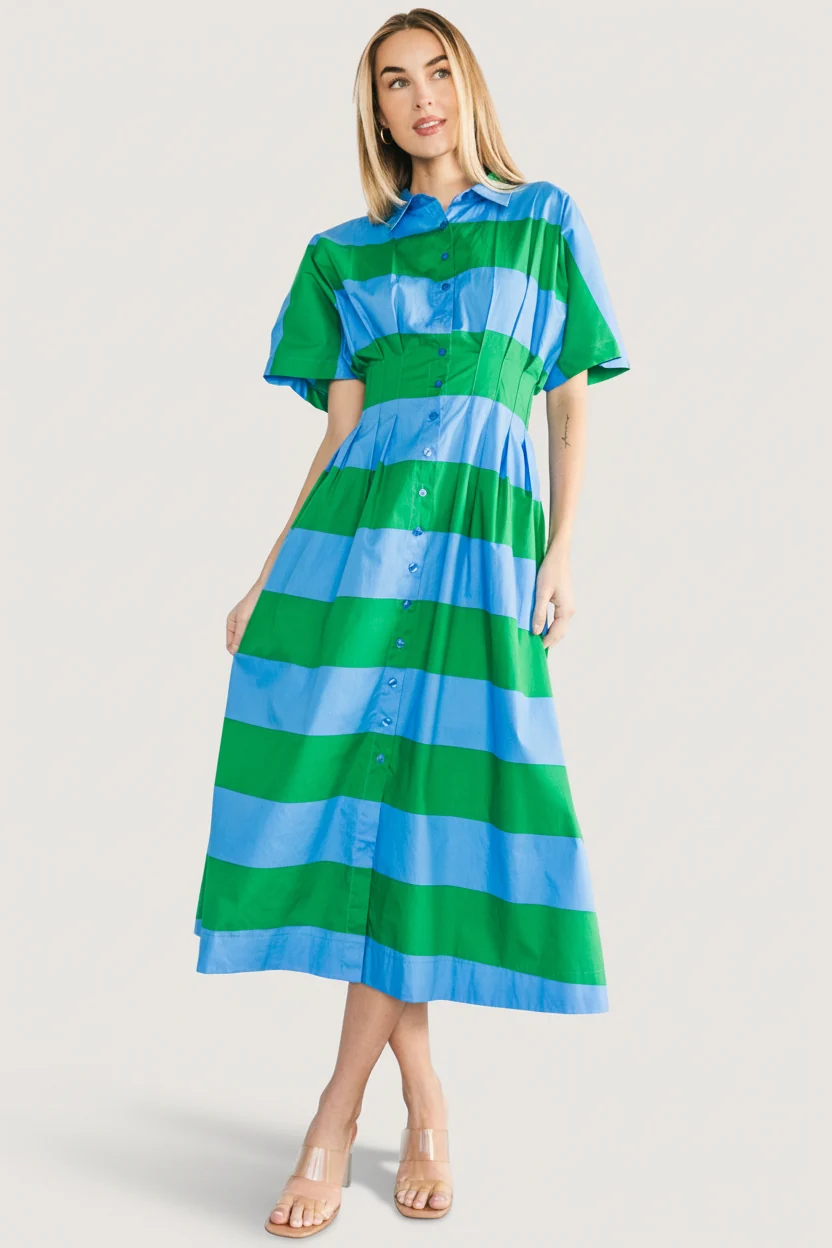 Tracy Shirt Dress — Blue & Green Stripe Midi