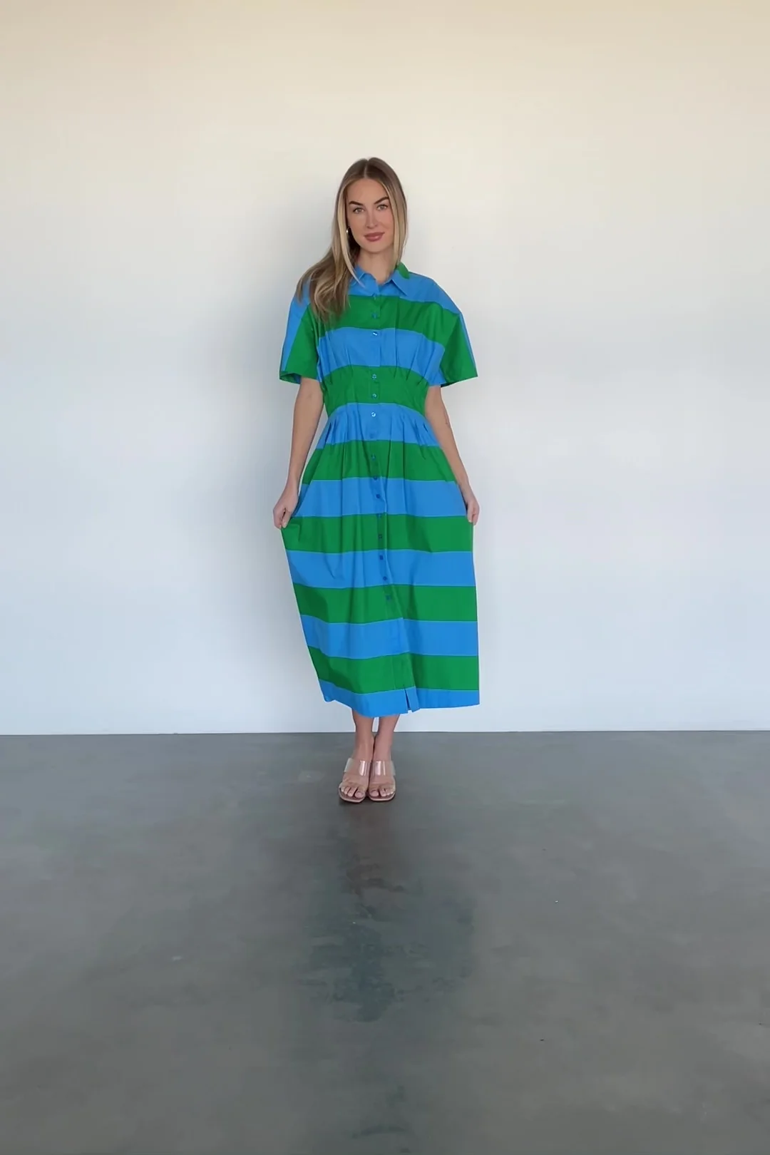 Tracy Shirt Dress — Blue & Green Stripe Midi