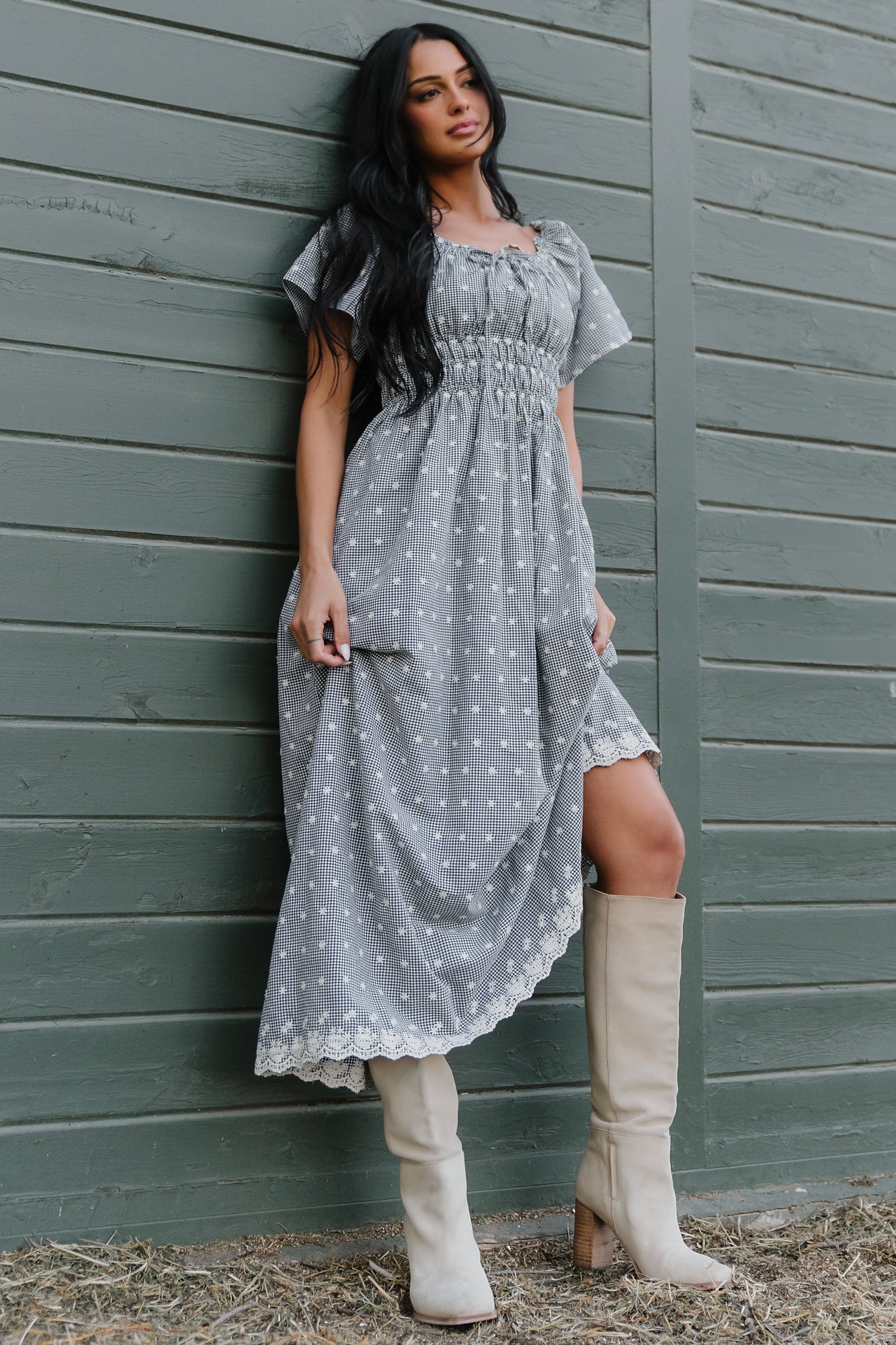 Reyna Midi Dress — Black & White Gingham