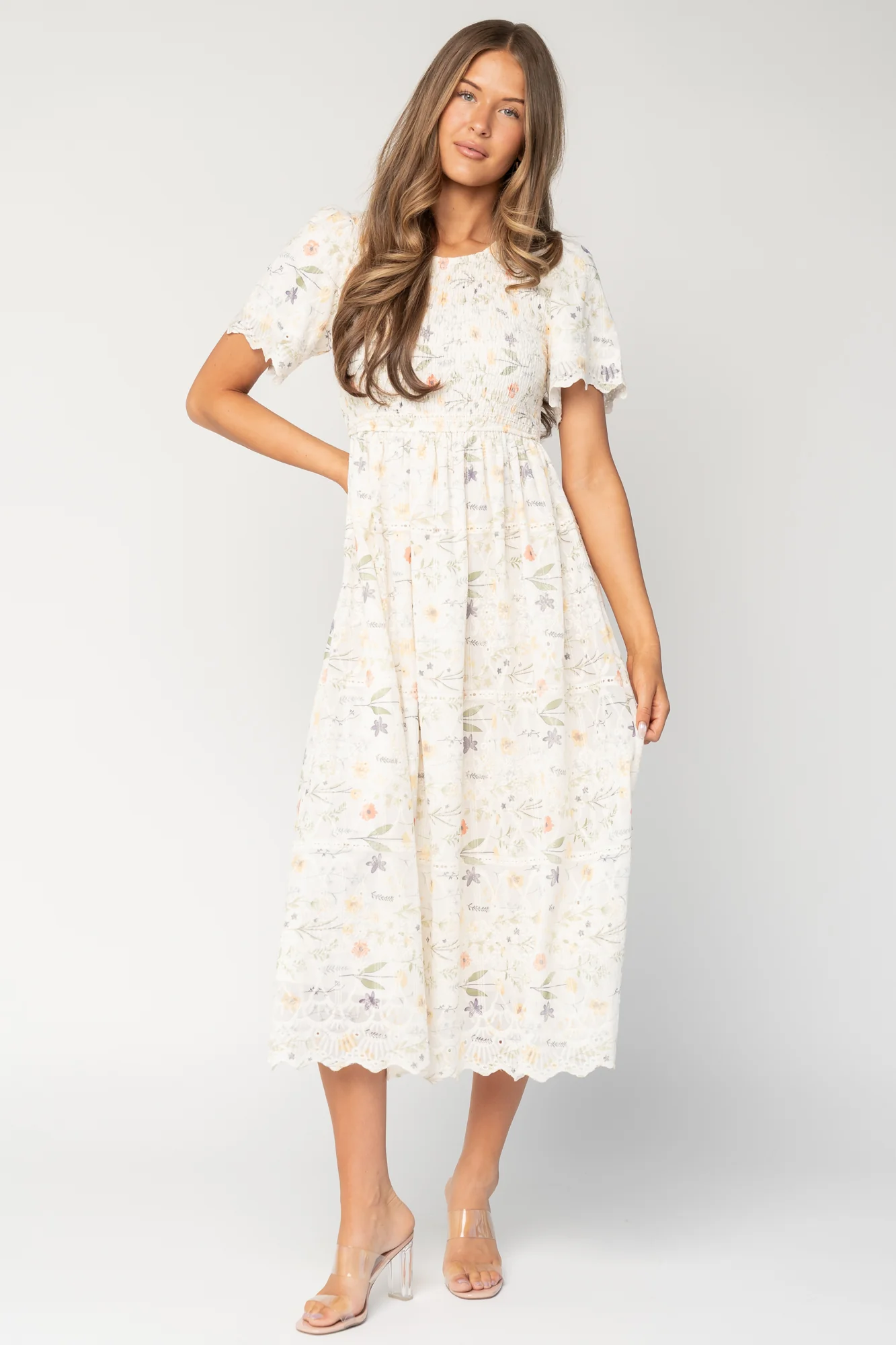 Maribel Lace Midi Dress — Cream Floral