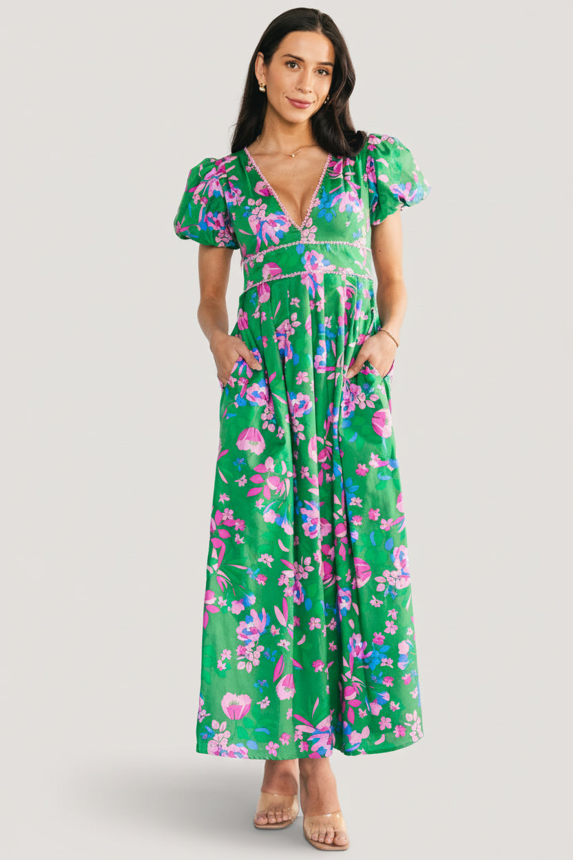 Anya Maxi Dress — Green Multi, Lace V-Neck