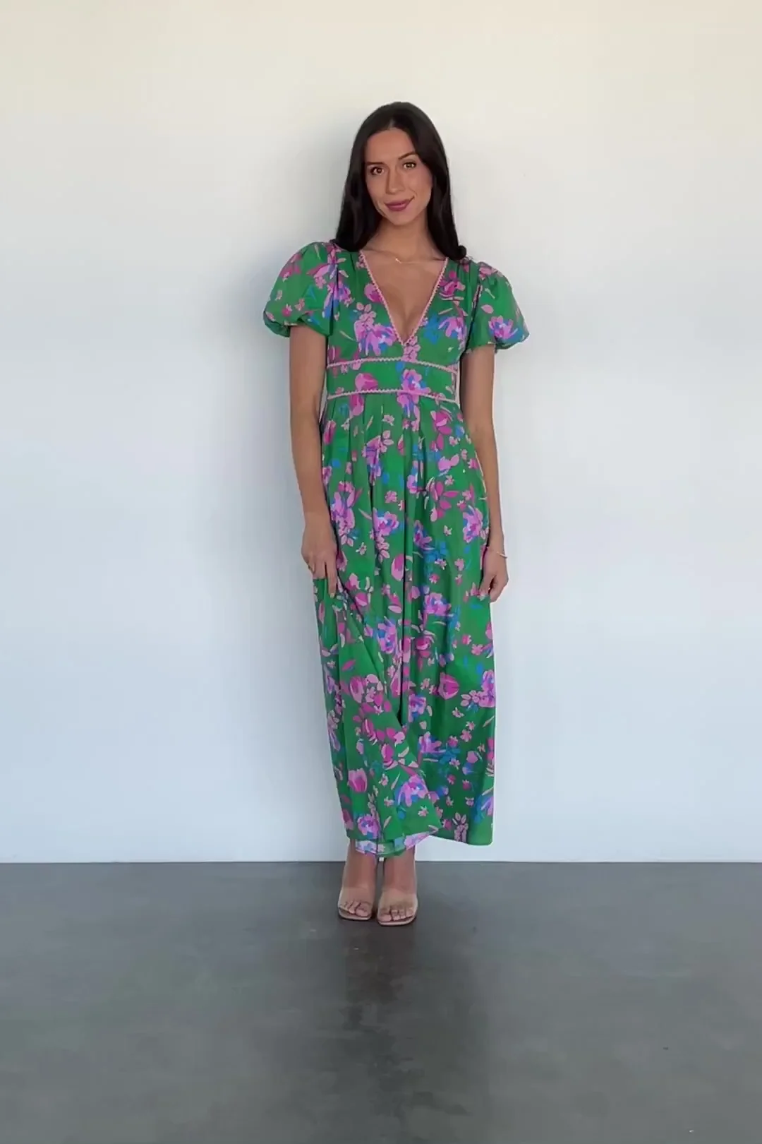Anya Maxi Dress — Green Multi, Lace V-Neck