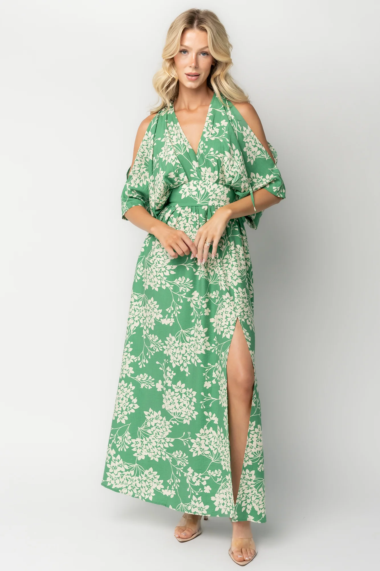 Marzi Open-Shoulder Maxi Dress — Green Floral