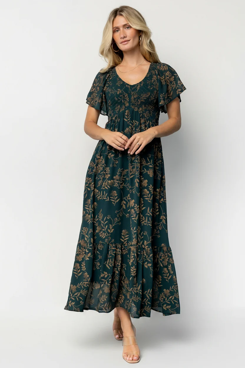 Monica Smocked Dress — Deep Topaz & Gold