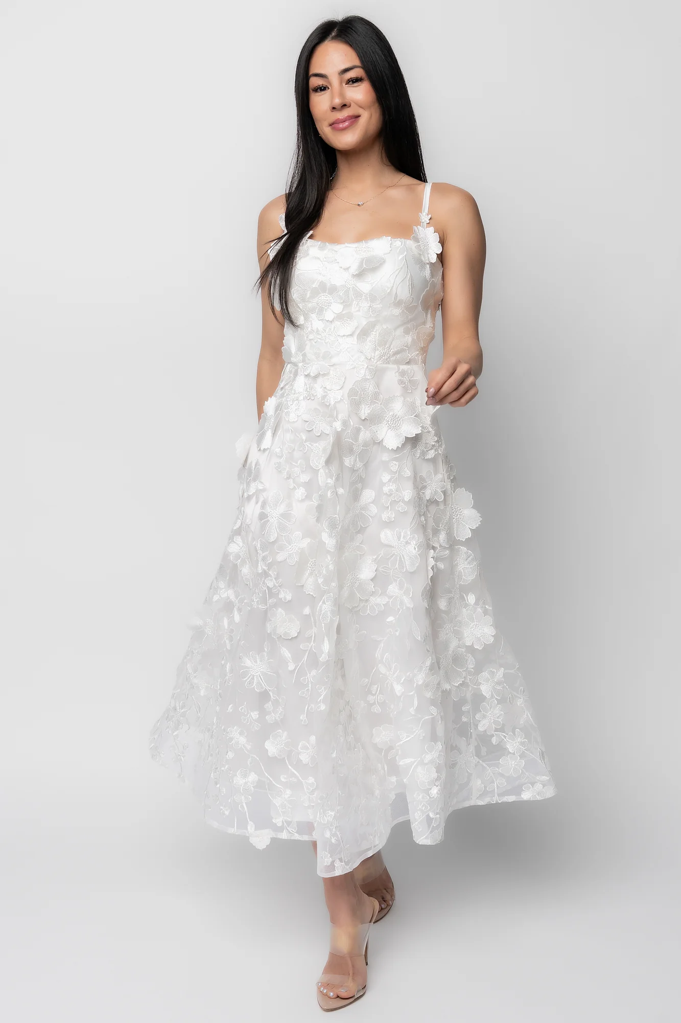 Soleil Floral Applique Midi Dress - Ivory