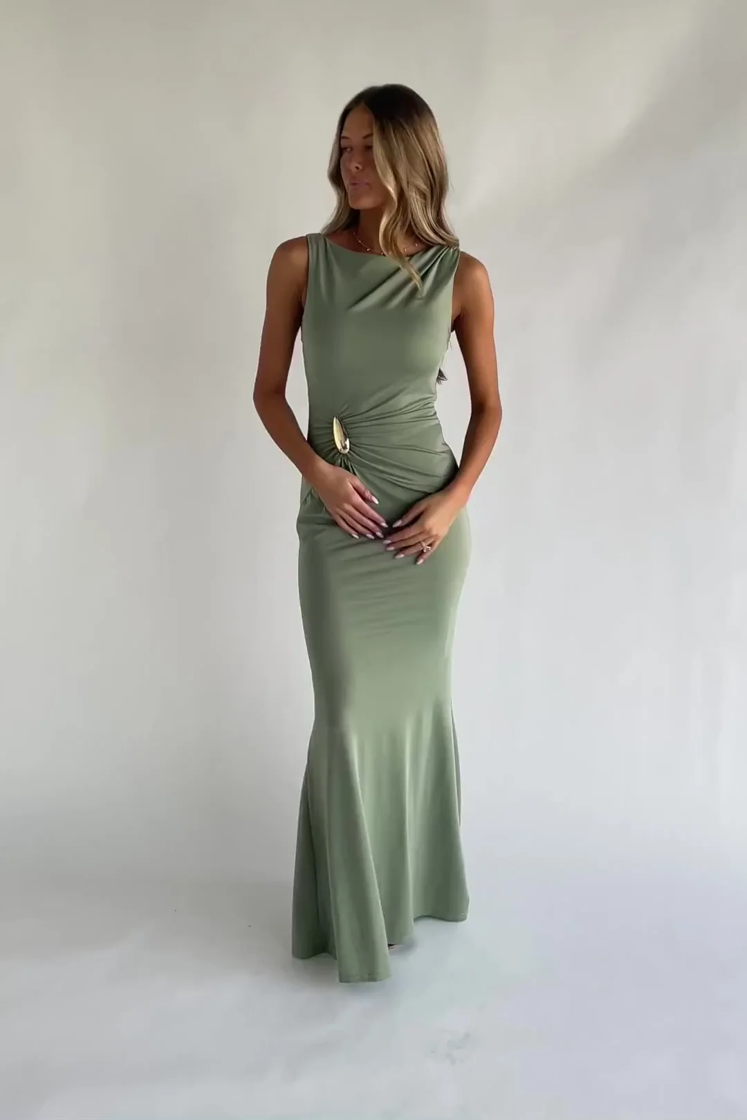 Avalon Maxi Dress — Dusty Sage, Ruched Waist
