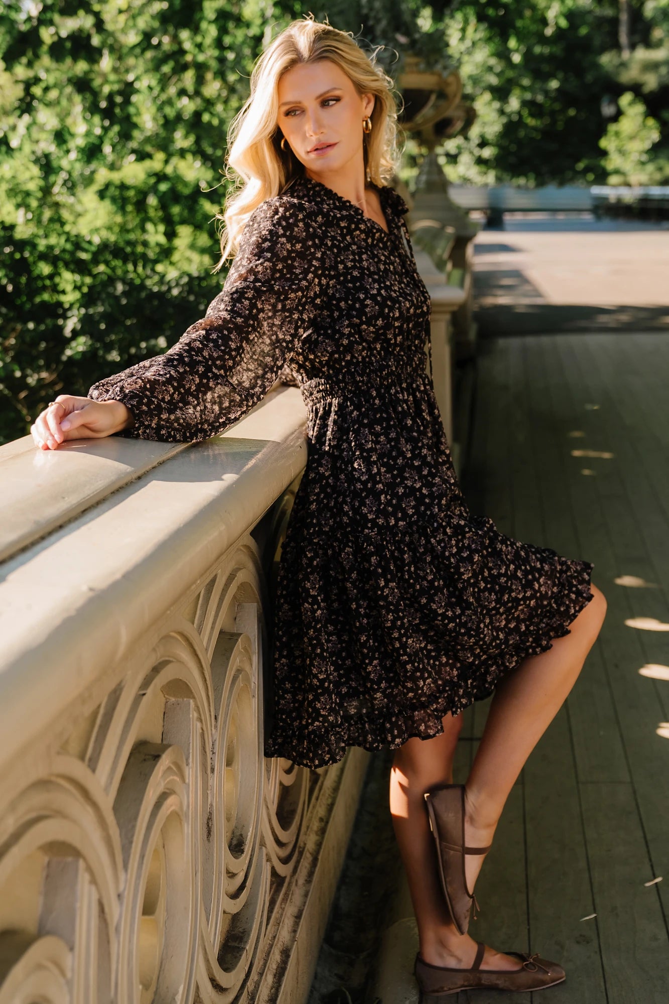 Fairfield Smocked-Waist Black Floral Dress