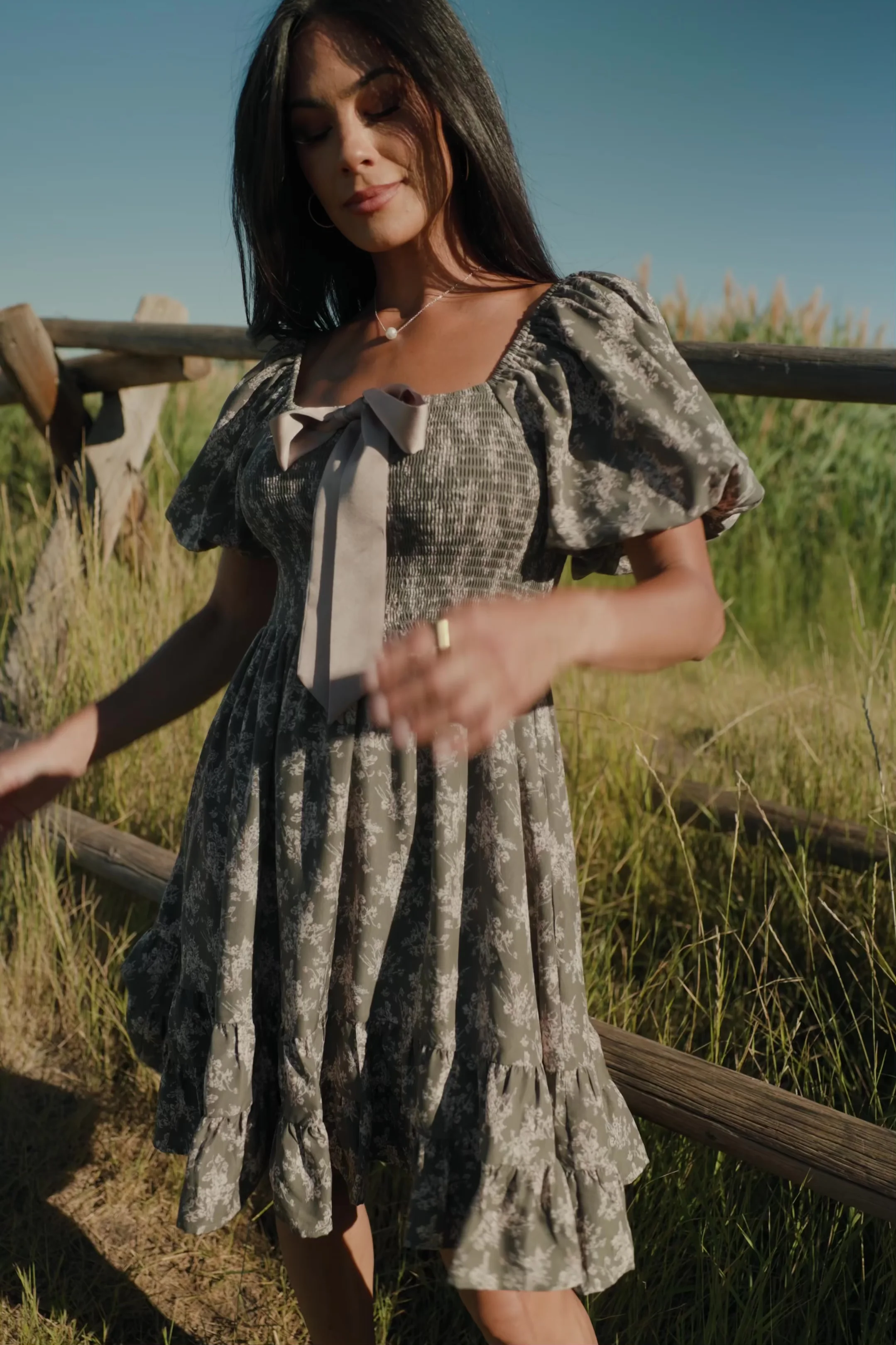 Anastasia Bow Short Dress — Dusty Olive Floral