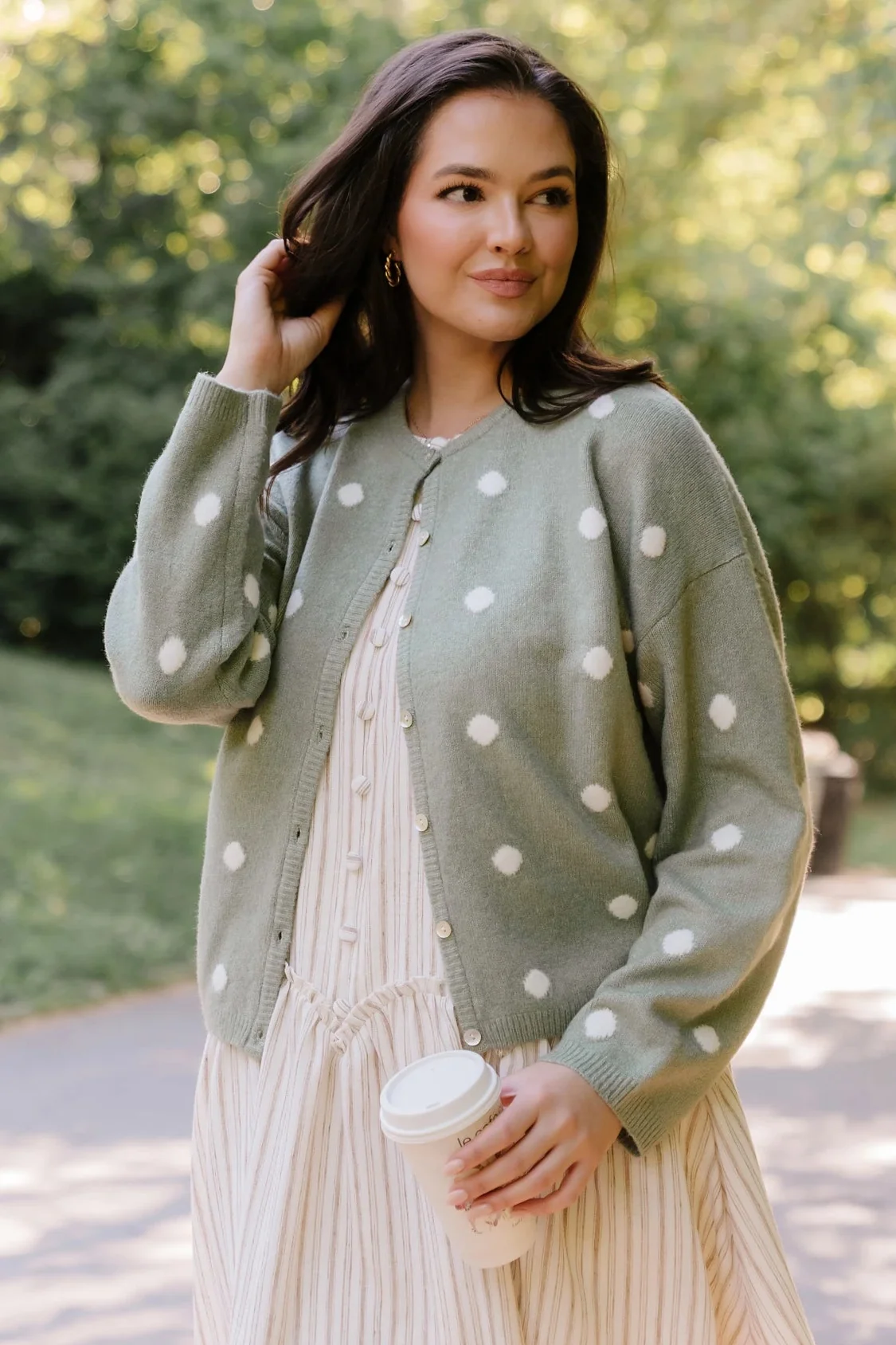 Cinder Cardigan - Sage with White Dot Trim