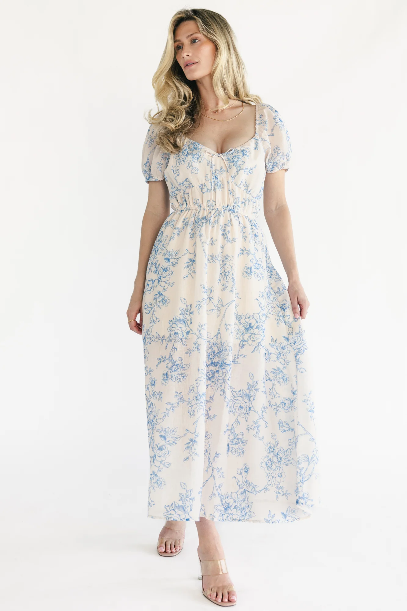 Vada Midi Dress - Cream & Blue Floral, V-Neck 1 Vada Midi Dress - Cream & Blue Floral, V-Neck
