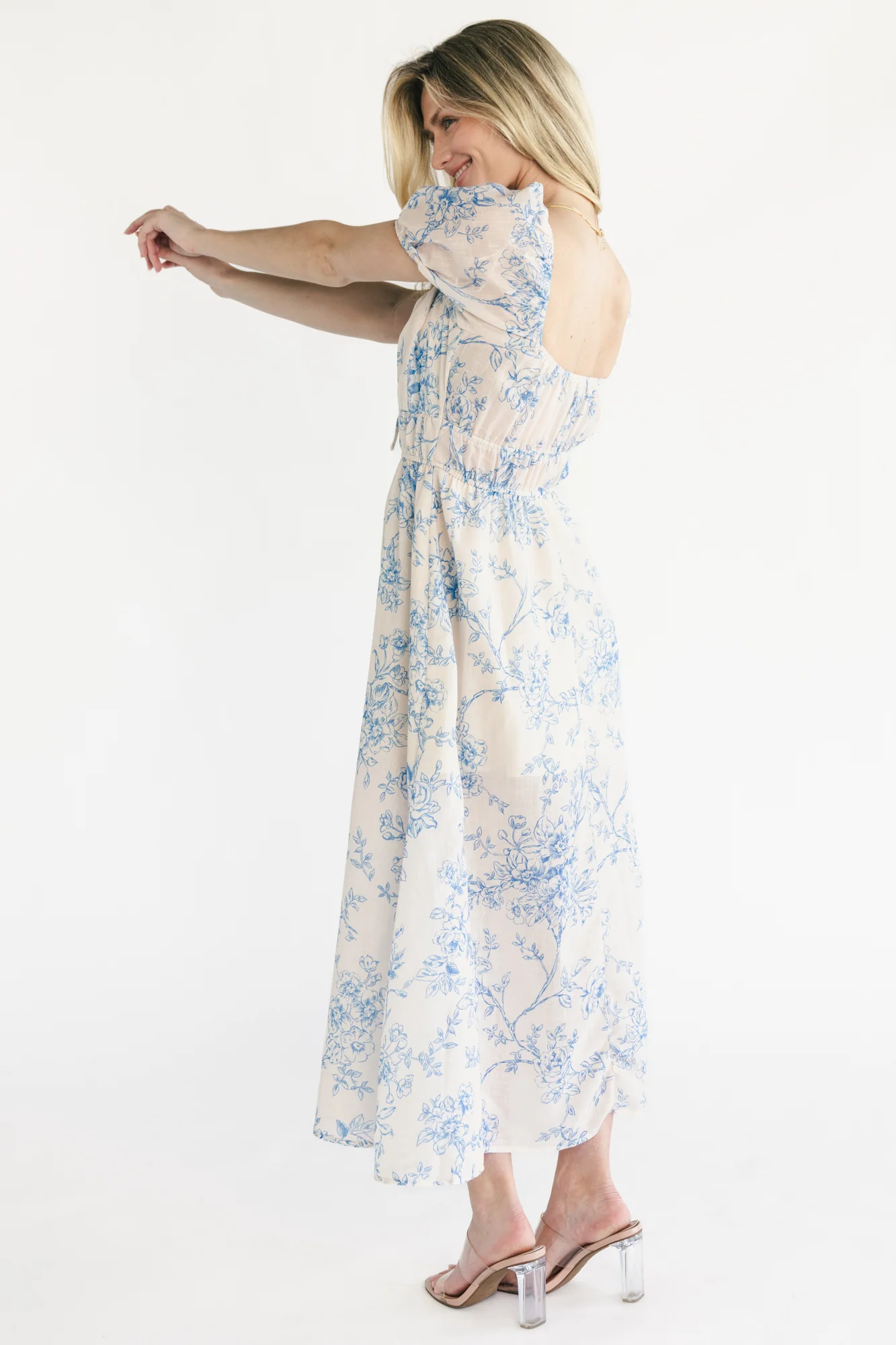 Vada Midi Dress - Cream & Blue Floral, V-Neck 4 Vada Midi Dress - Cream & Blue Floral, V-Neck