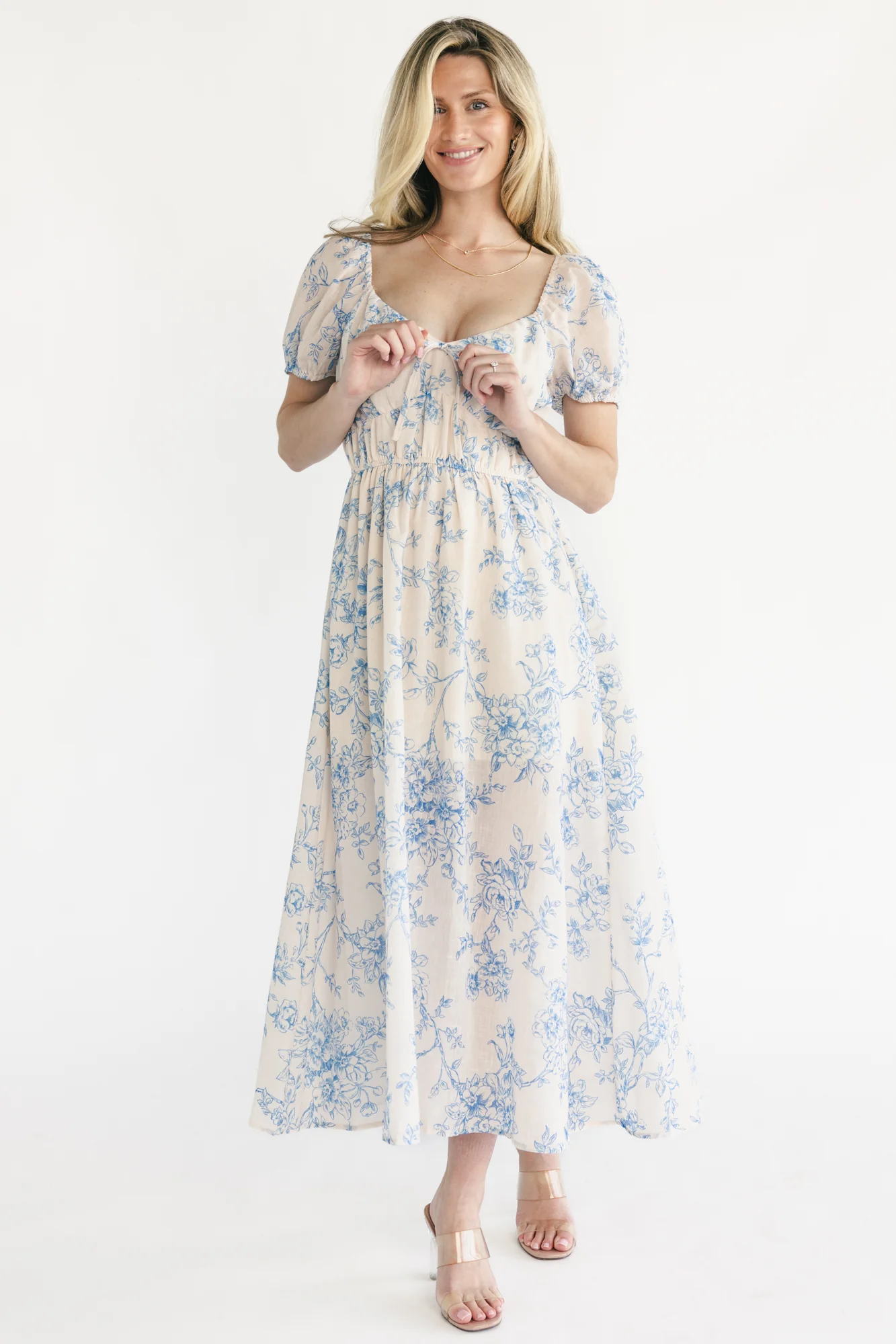 Vada Midi Dress - Cream & Blue Floral, V-Neck 6 Vada Midi Dress - Cream & Blue Floral, V-Neck