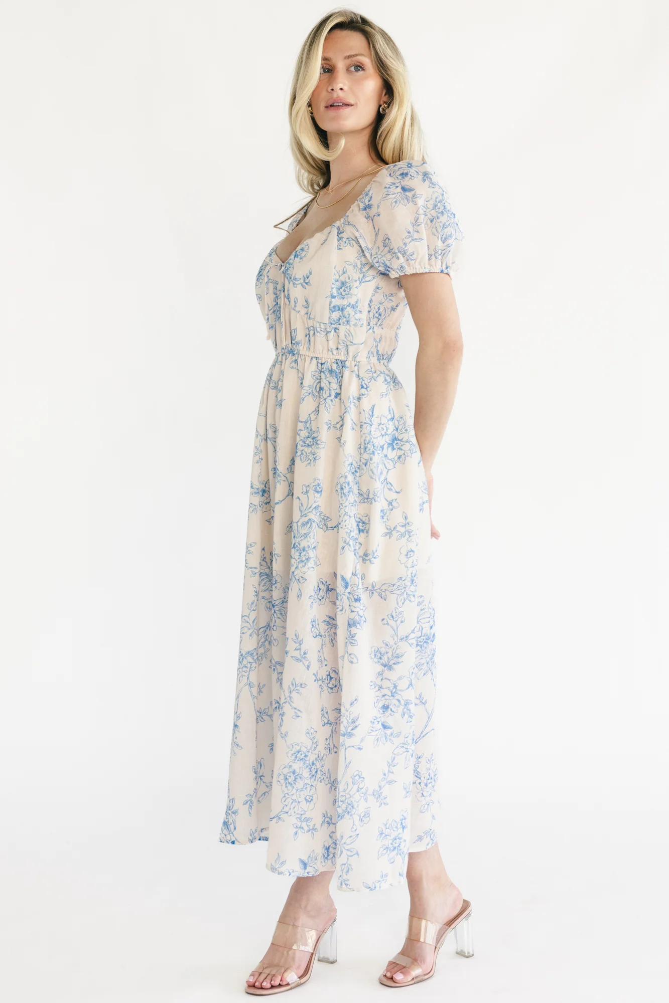 Vada Midi Dress - Cream & Blue Floral, V-Neck 7 Vada Midi Dress - Cream & Blue Floral, V-Neck