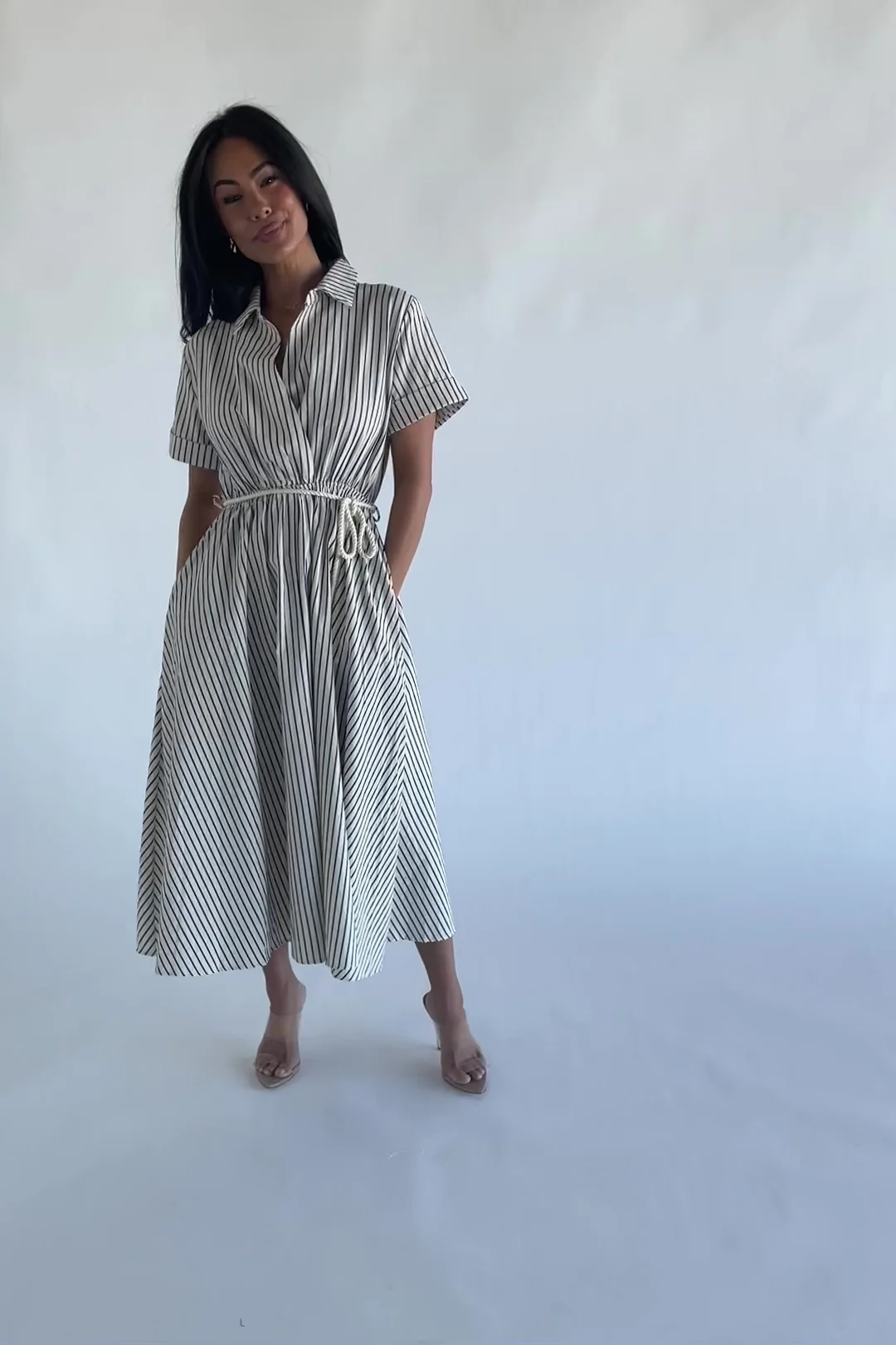 Bryony Midi Dress — Cream & Navy Stripes