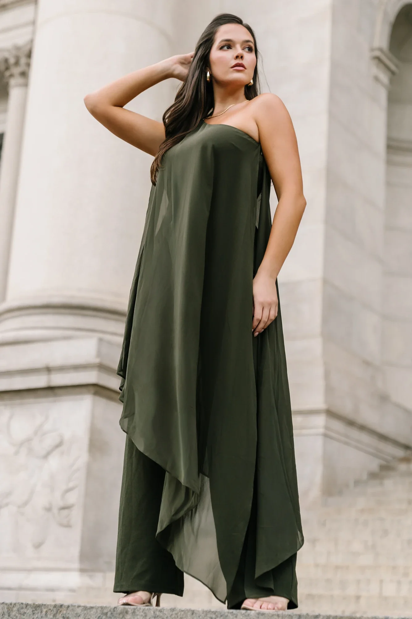 Penthouse One-Shoulder Jumpsuit — Olive 17 Penthouse One-Shoulder Jumpsuit — Olive