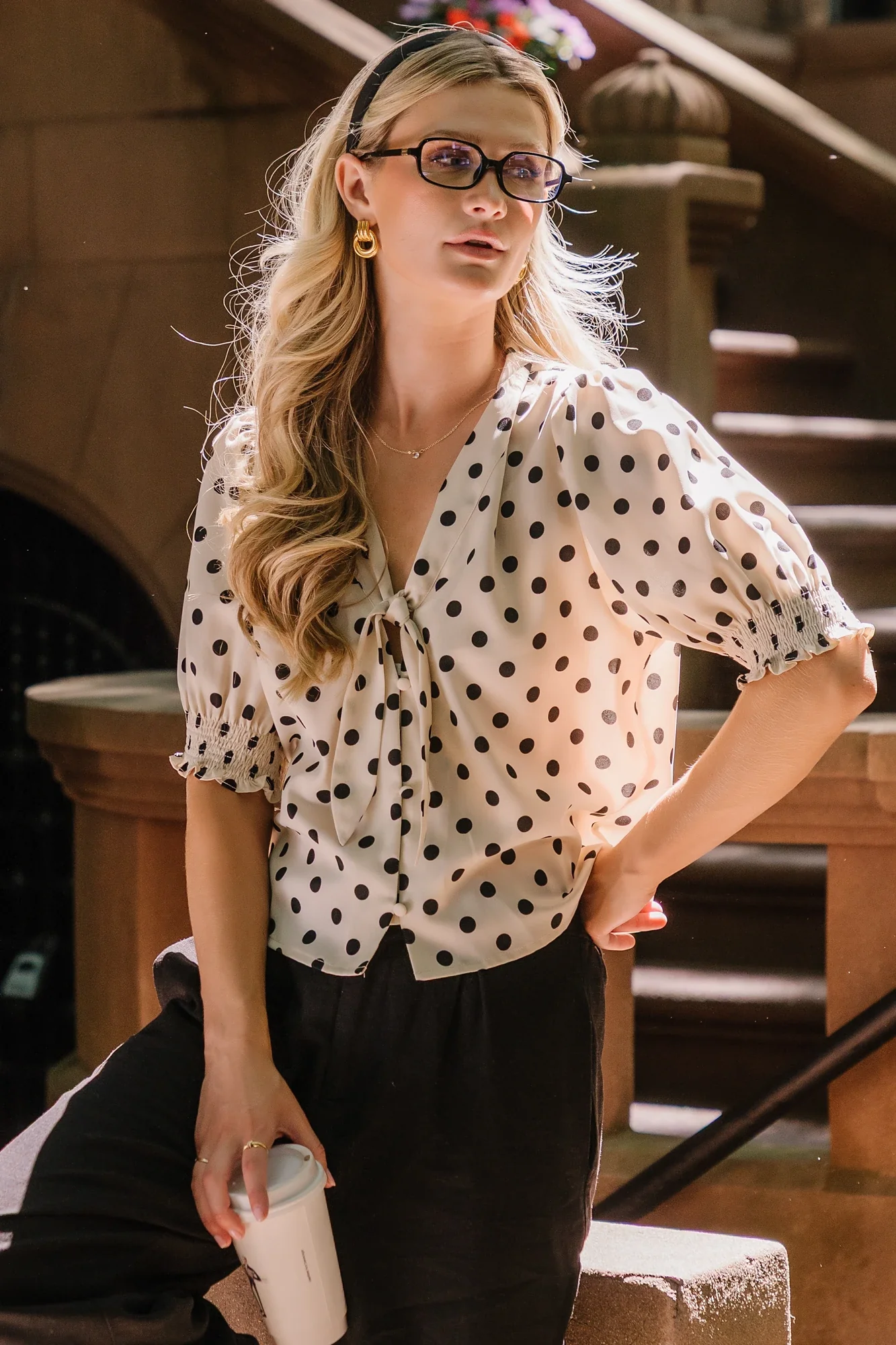 Eliza Tie Top - Ivory Black Polka Dot