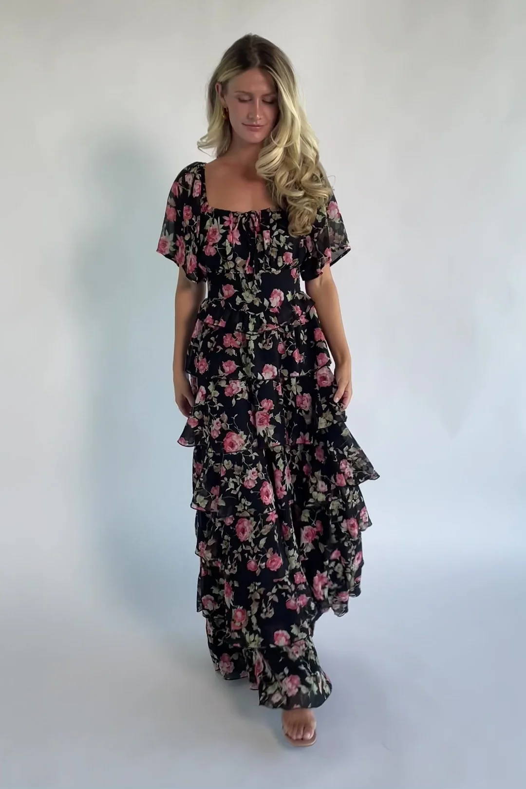 Bliss Tiered Maxi Dress - Black Multi Floral