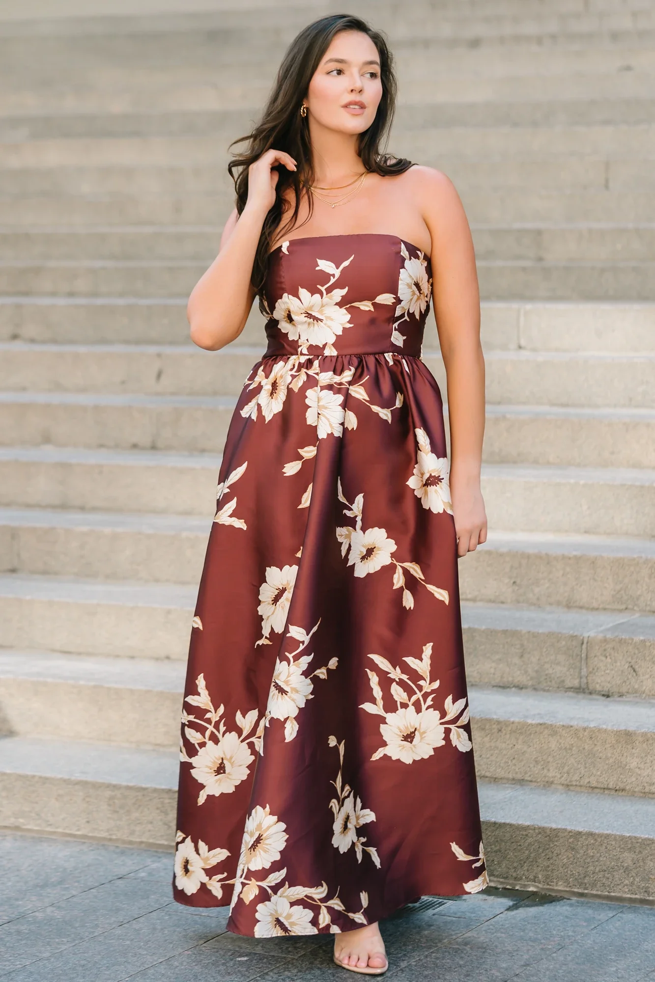 Rosette Strapless Maxi in Mahogany Floral