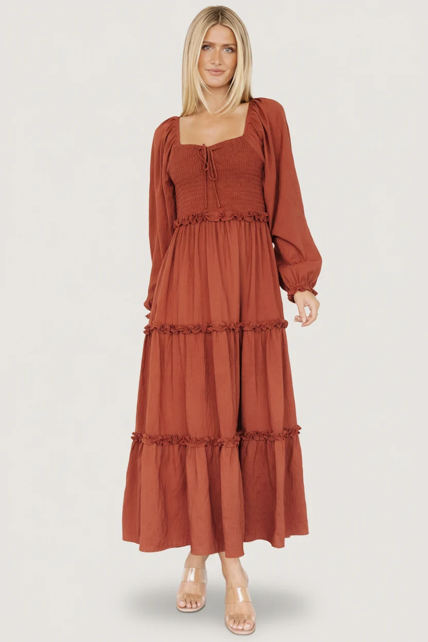 Britta Smocked Maxi Dress, Dusty Cinnamon