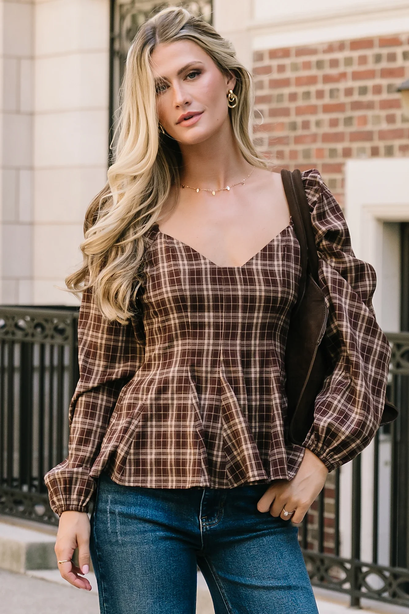 Sutton Peplum Top | Brown Plaid Print 14 Sutton Peplum Top | Brown Plaid Print