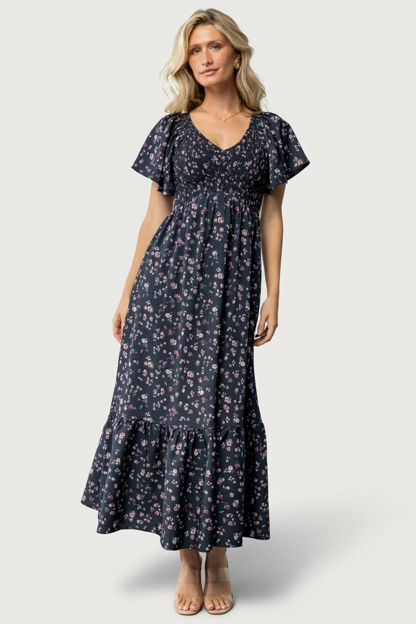 Jerah Smocked Midi Dress — Midnight Floral Print