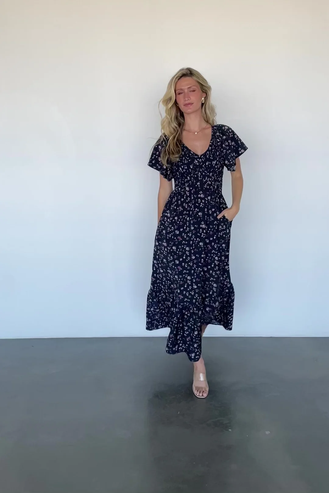 Jerah Smocked Midi Dress — Midnight Floral Print 2 Jerah Smocked Midi Dress — Midnight Floral Print