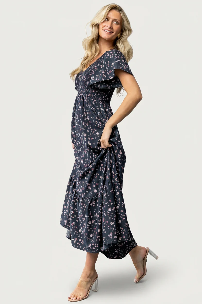 Jerah Smocked Midi Dress — Midnight Floral Print 4 Jerah Smocked Midi Dress — Midnight Floral Print