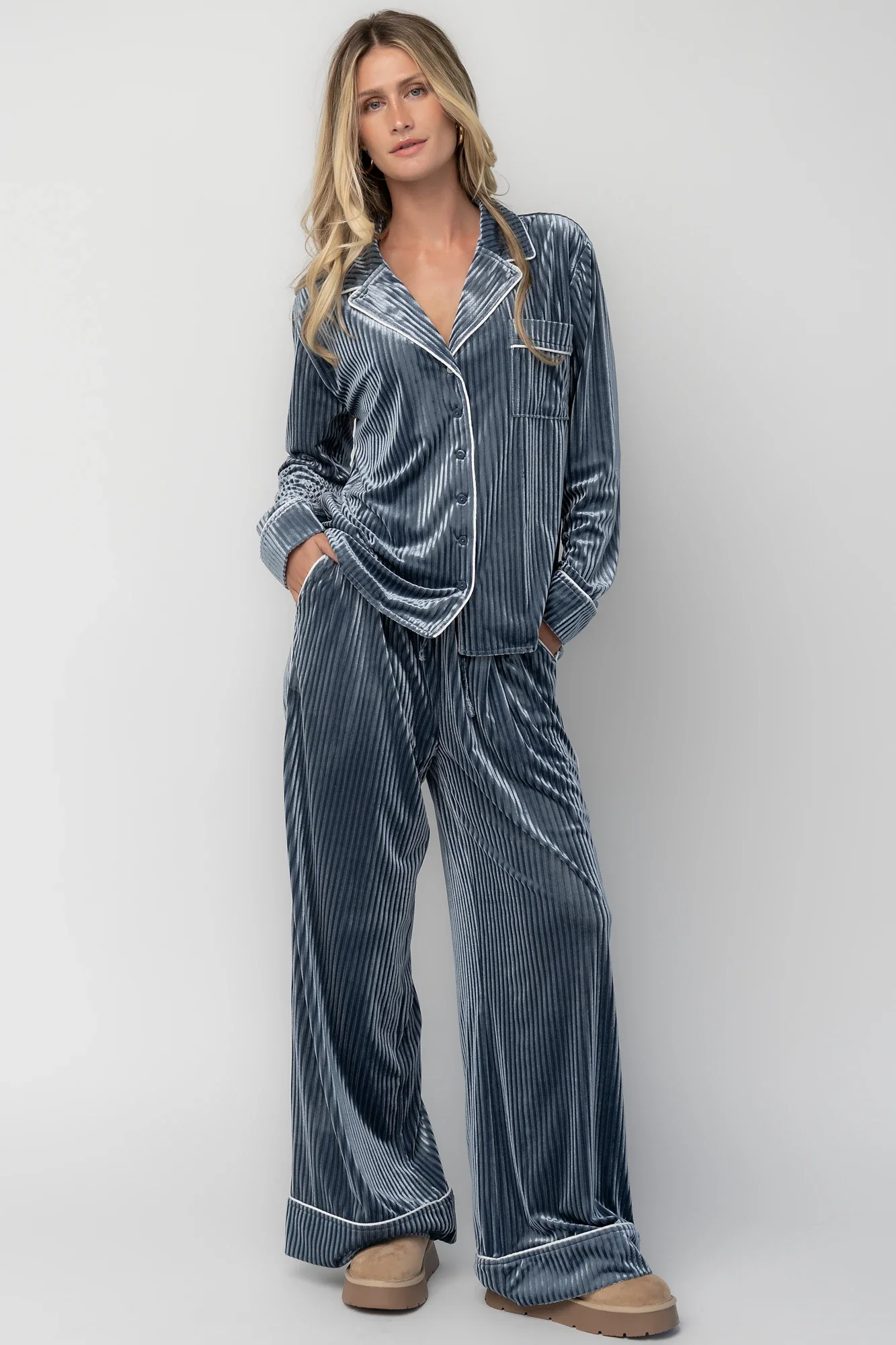 Klara Ribbed Velvet Pajama Set | Dusty Blue