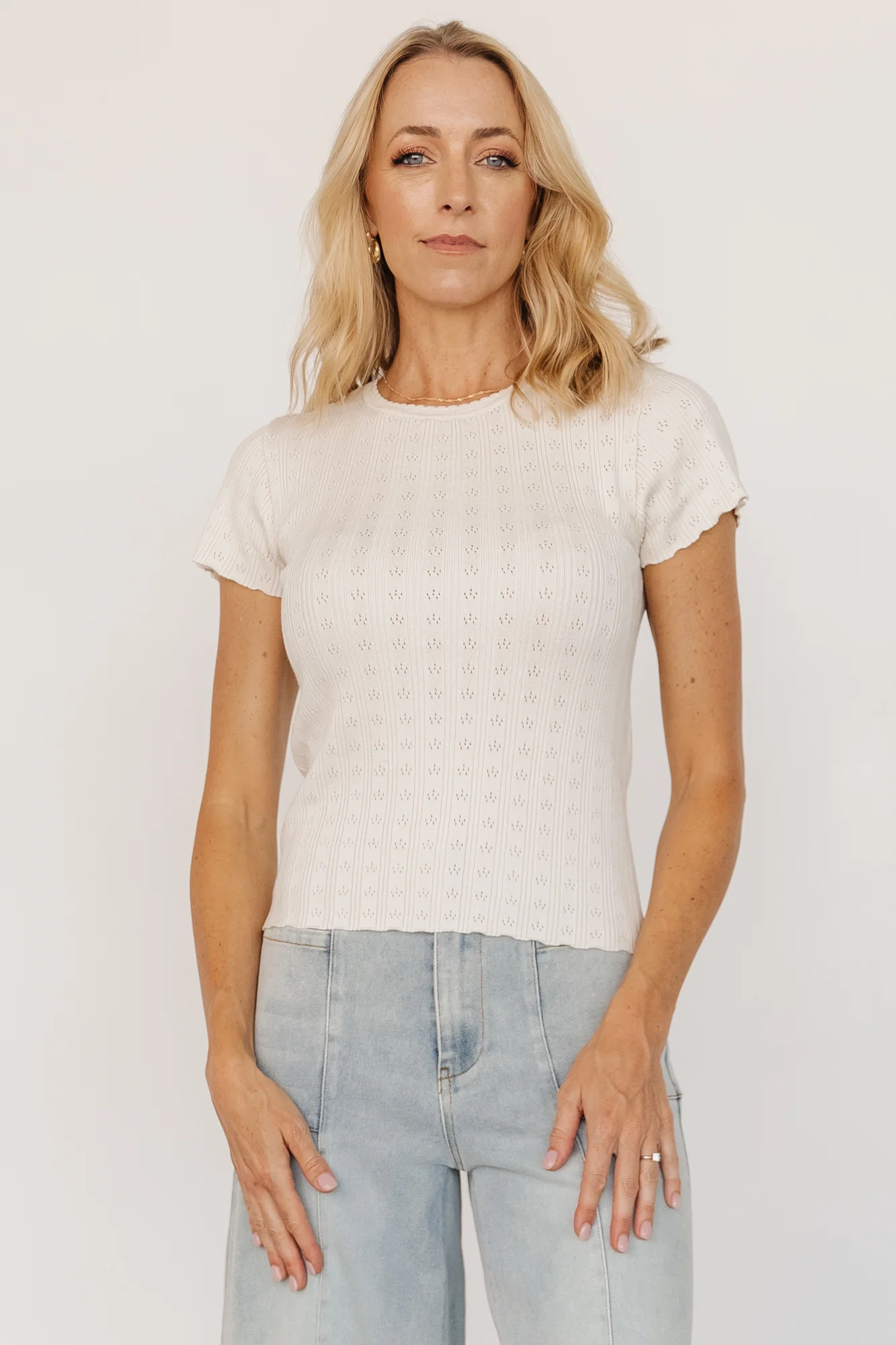 Penny Pointelle Scalloped Knit Top — Ivory