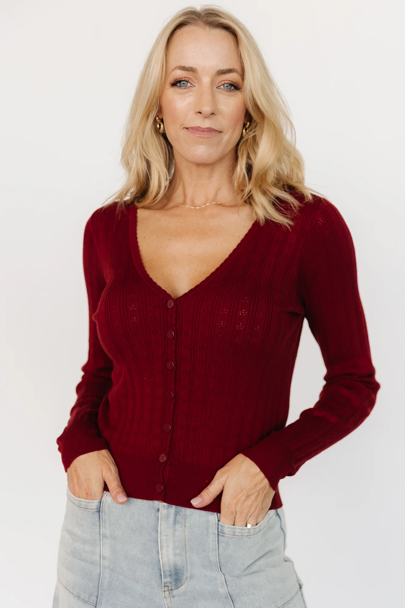 Heidi Pointelle Cardigan - Scalloped V-Neck