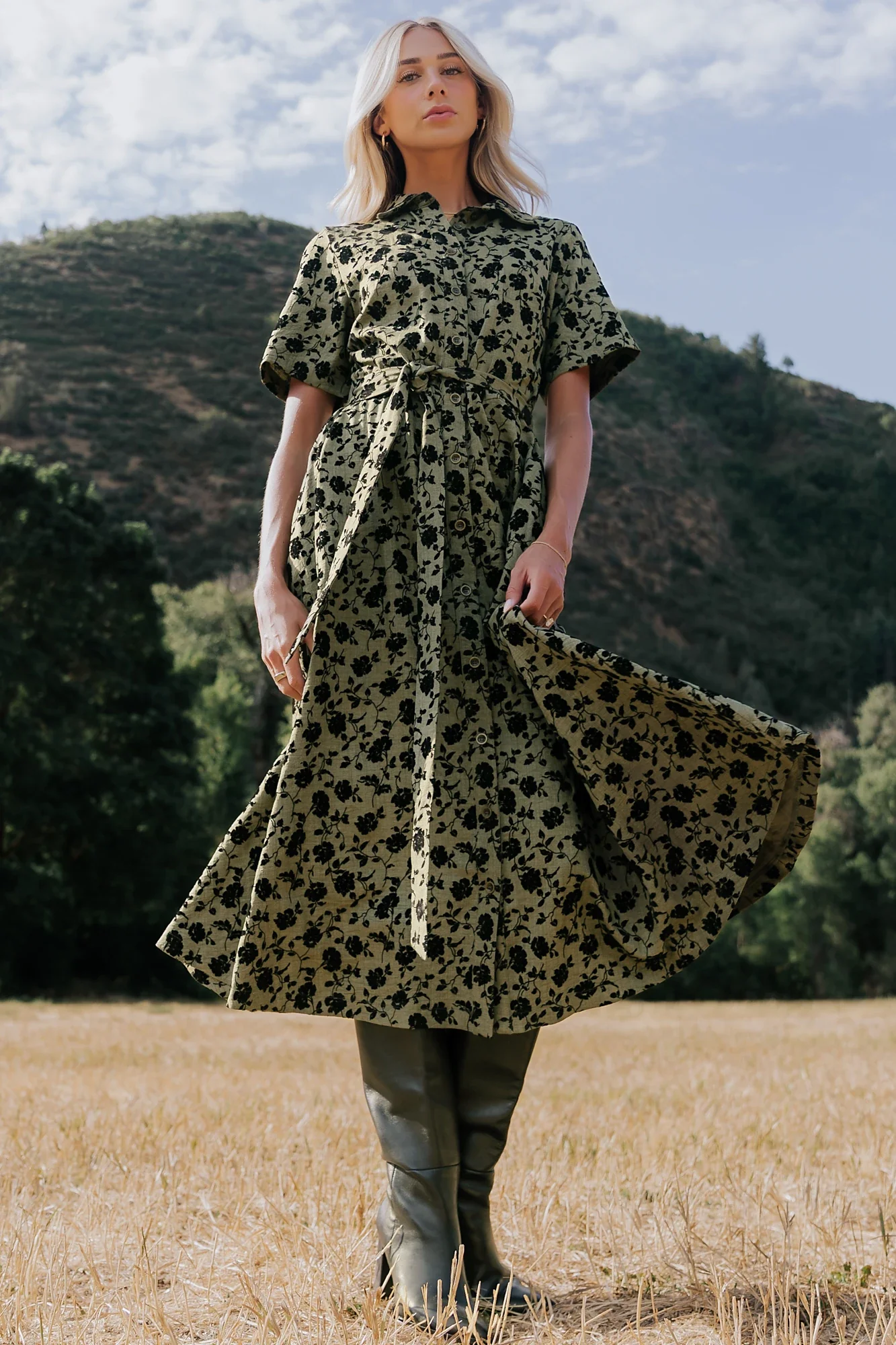 Kristen Button Up Dress | Deep Olive Floral