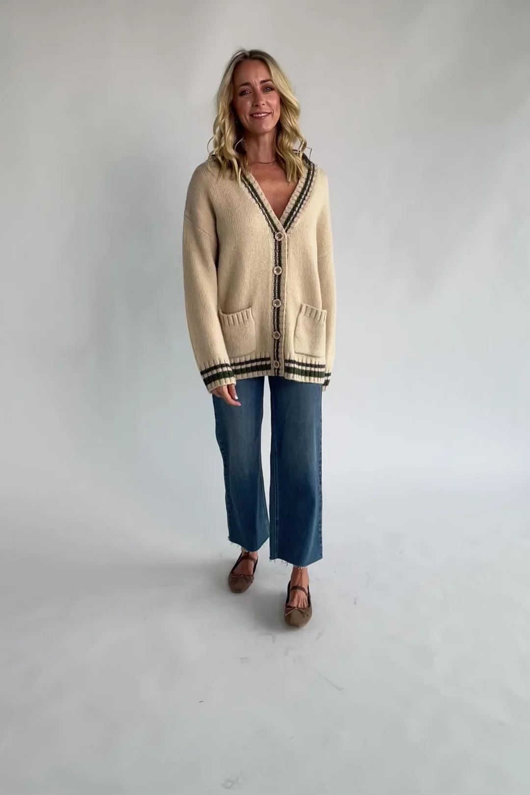 Roosevelt Button Up Cardigan | Oatmeal + Olive Stripe