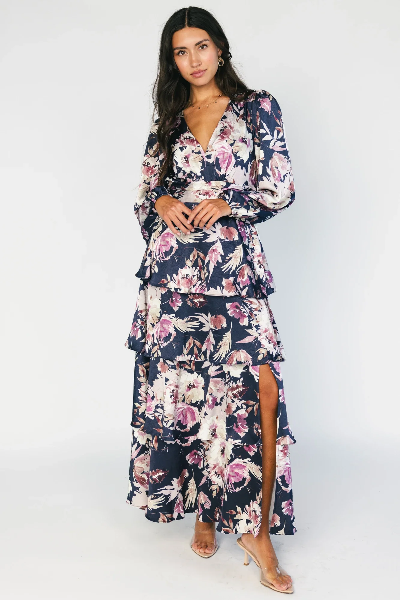 Montrouge Tiered Satin Dress | Navy + Lilac Floral