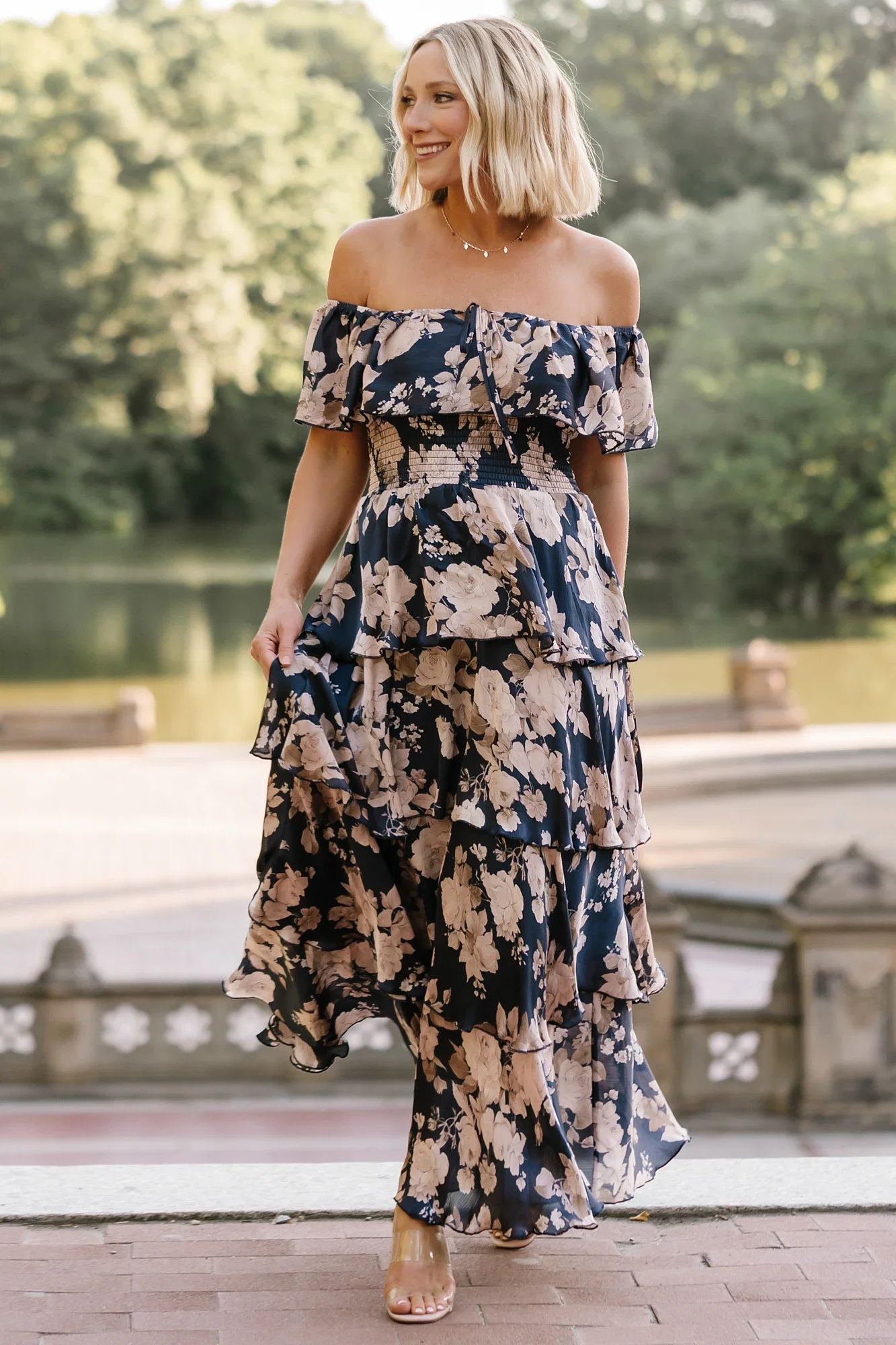 Isabelle Off Shoulder Maxi Dress | Navy + Taupe Floral