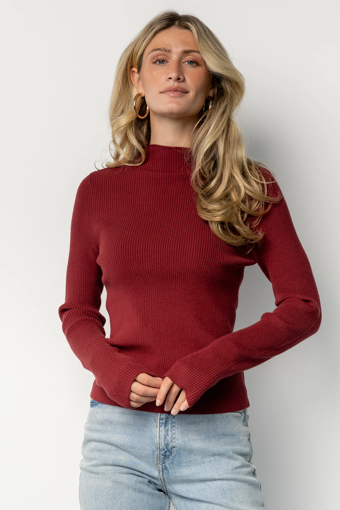 Ilsa Ribbed Sweater Top — Mock Neck Merlot