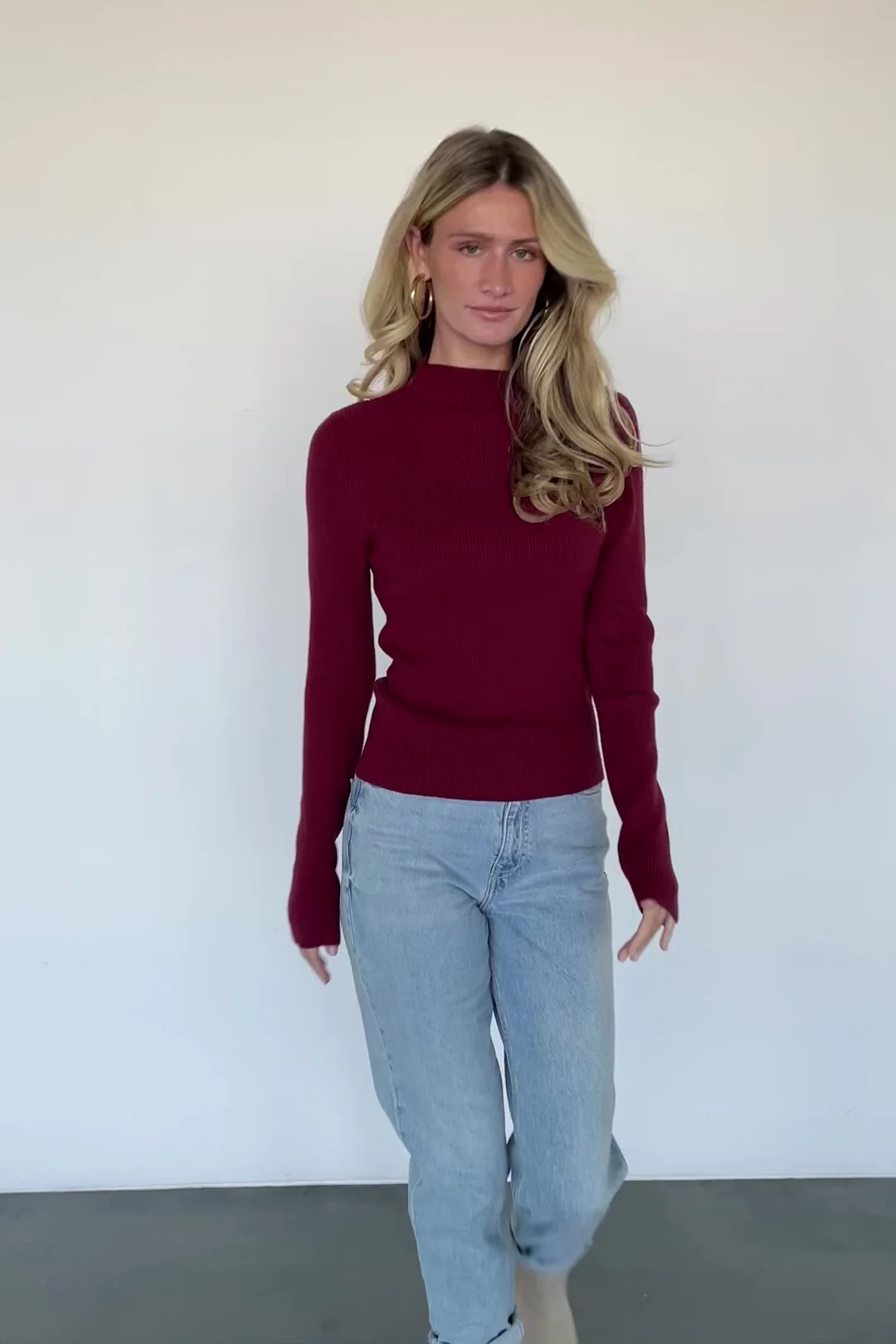 Ilsa Ribbed Sweater Top — Mock Neck Merlot