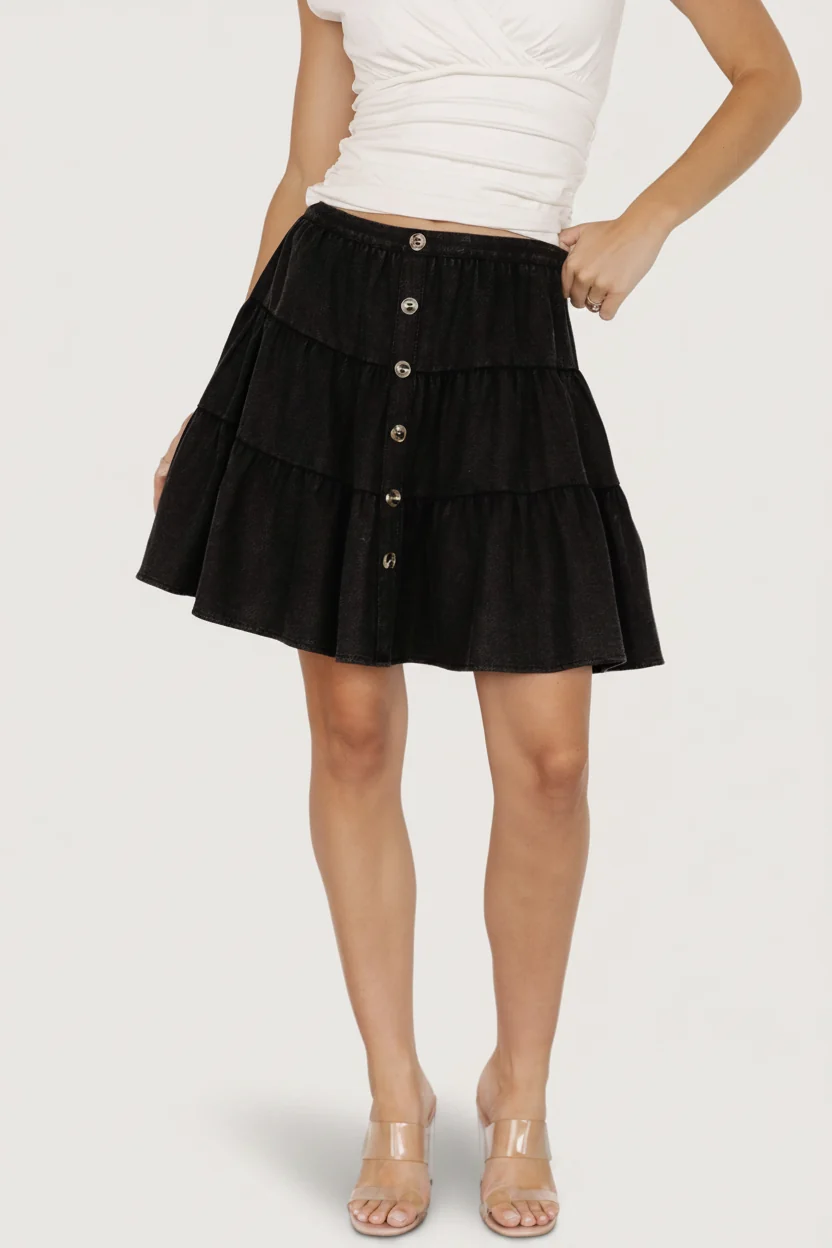 Ebba Tiered Short Skirt — Washed Black